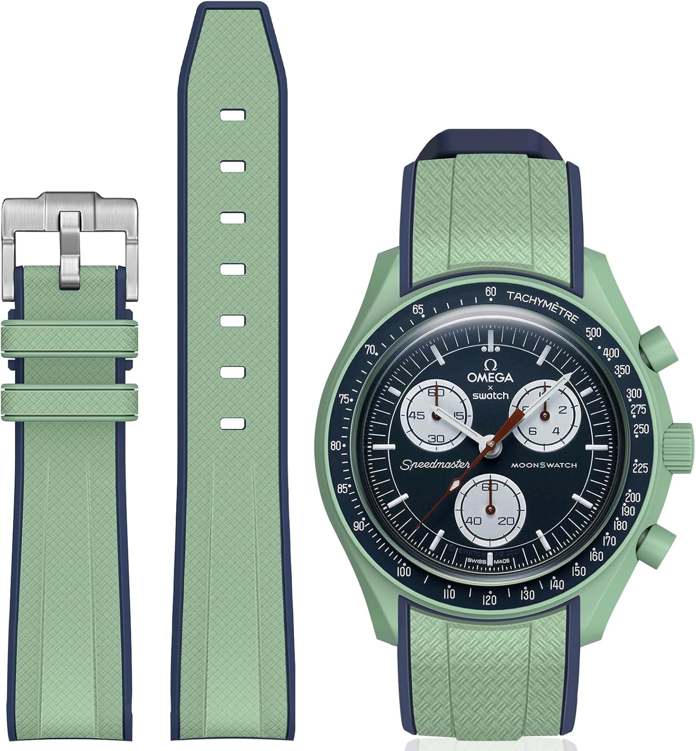 Stanchev Bands for Moonswatch Watch,Curved No Gap Soft Silicone Strap for Omega X Swatch Speedmaster 20mm Watch,Swatch Omega Moonswatch Speedmaster Replacement Strap Men Women (Green&Navy)