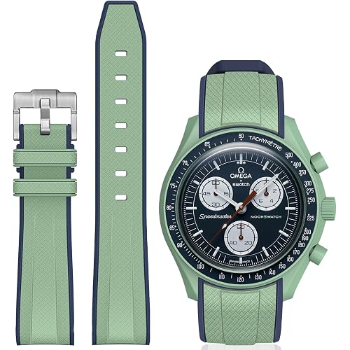 Stanchev Bands for Moonswatch Watch,Curved No Gap Soft Silicone Strap for Omega X Swatch Speedmaster 20mm Watch,Swatch Omega Moonswatch Speedmaster Replacement Strap Men Women (Green&Navy)