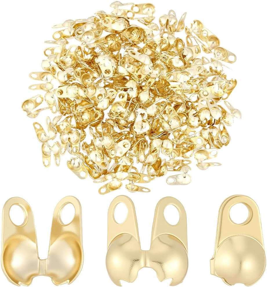 Beebeecraft 1 Box 150Pcs Crimp Bead Covers 4x2.5x1.5mm 14K Gold Plated Round Clamshell Bead Tip Knot Covers Chain Calotte Ends for Jewelry Making DIY Bracelets Necklaces Craft