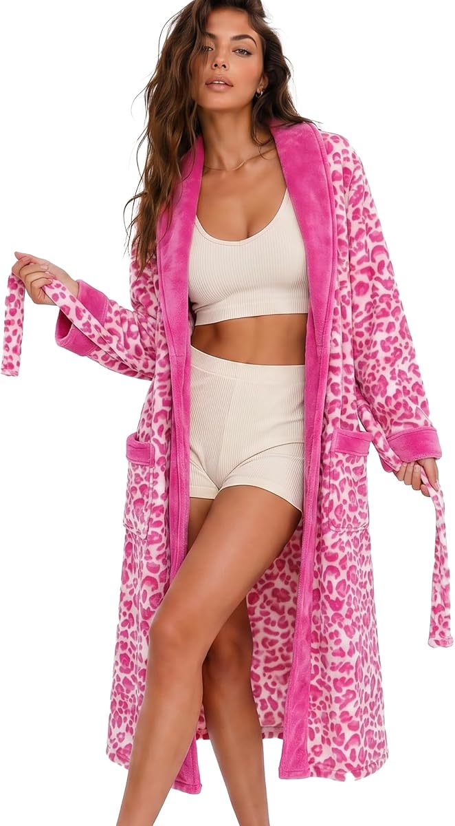 Womens Fleece Robes, Soft Plush Long Bathrobe, Comfy Robes for Womens, Warm Housecoat