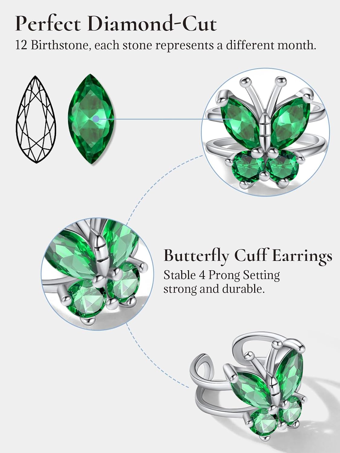 SILVERCUTE 925 Sterling Silver Butterfly Earrings for Women,Butterfly Birthstone Stud Earring/Ear Cuffs,Hypoallergenic Birthday Earrings for Women