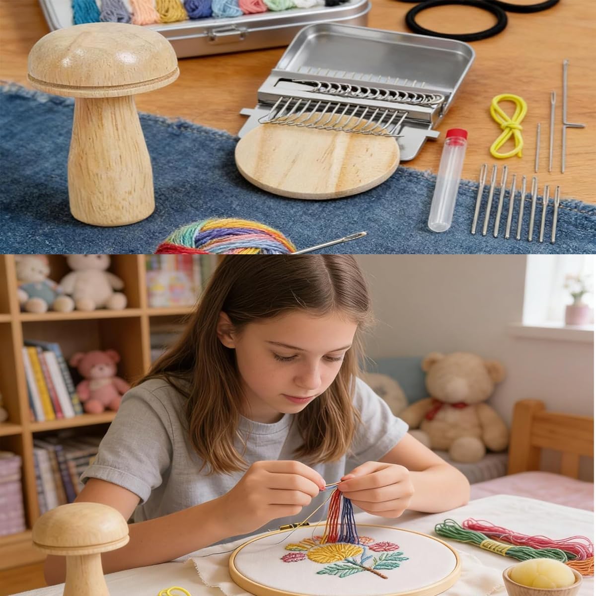 Knit Patch Kit, Darning Loom Kit, 2 Pcs Wooden Mushroom Darning Egg, Darning Kit with 14 Pcs Large Eye Needles & 50 Color Threads, Darning Tool for Beginners DIY Handicraft Home Sewing Care