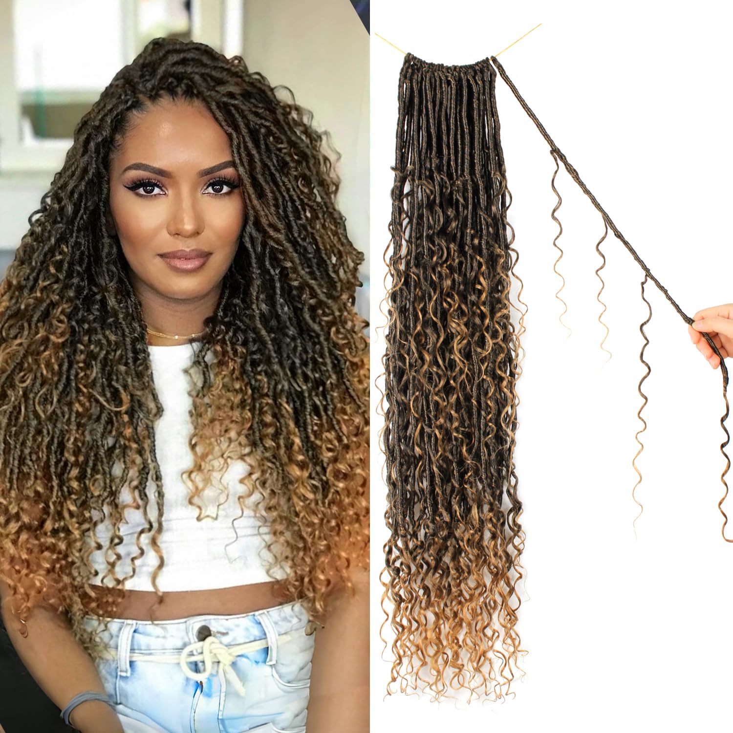 Goddess Locs Crochet Hair 24 Inch Faux Locs Crochet Pre-looped Boho Faux Loc with Curly Ends 8 Packs Long Bohemian River Loc Crochet Hair for Black Women(24Inch,T27)
