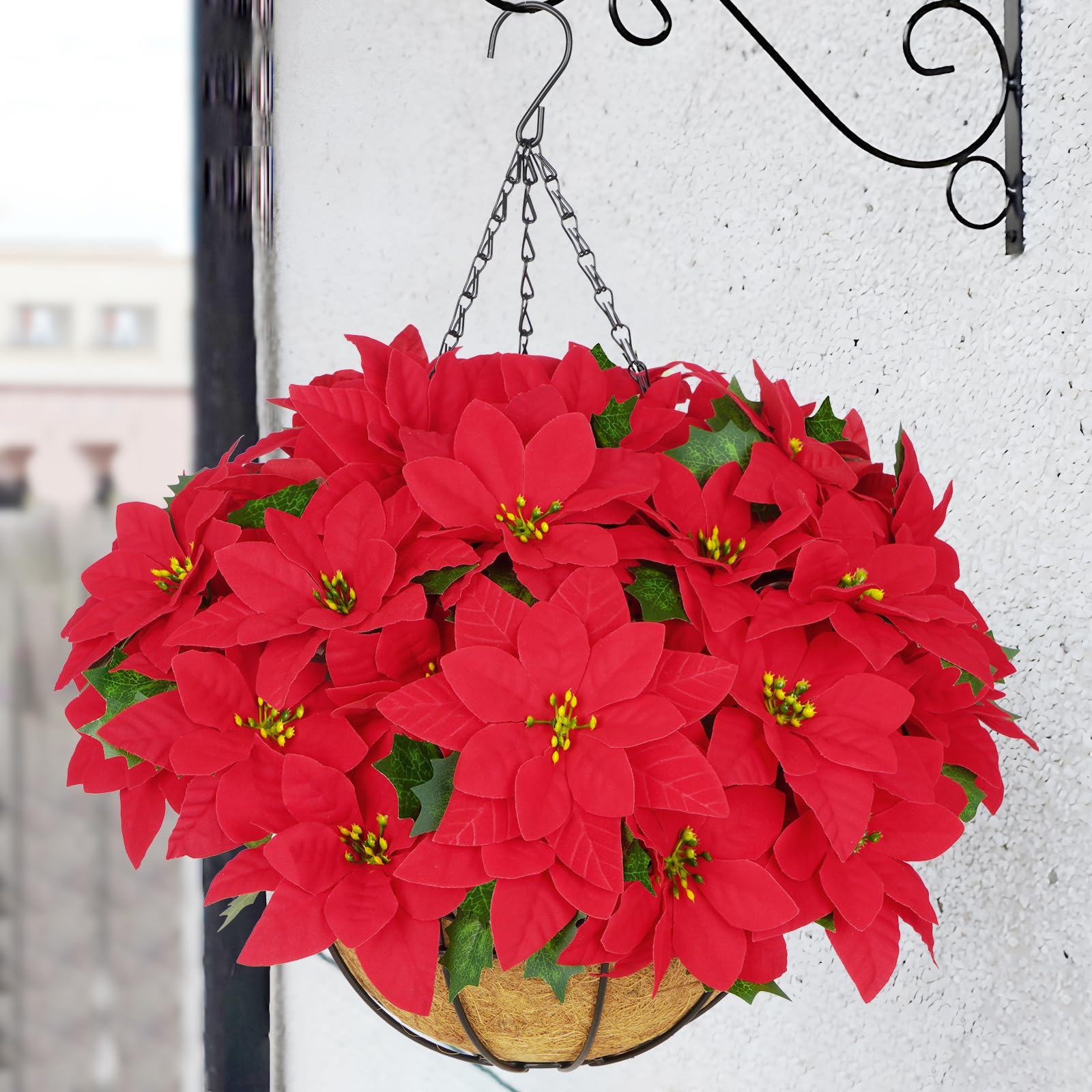BLEUM CADE Weihnachtsdekorationen - Künstliche Weihnachtsblumen Hängende Weihnachtssterne mit Korb für den Außenbereich, künstliche hängende rote Weihnachtssterne für Weihnachtsdekoration,