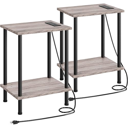 HOOBRO Side Table with Charging Station, Set of 2 End Tables with USB Ports and Outlets, Nightstand with 2-Layer Storage Shelves for Small Spaces, Living Room, Bedroom, Greige and Black BG09UBZP201