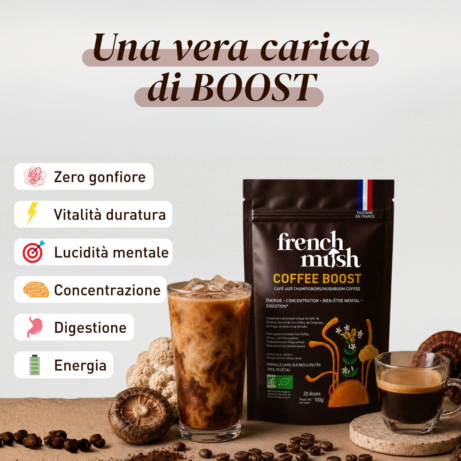French Mush BOOST - Caffè Bio con Funghi | Caffè, Cicoria, Lion’s Mane, Chaga, Maitake & Pleurotus | Bevanda Vegetale - Senza Zuccheri Aggiunti - Prodotto in Francia - 20 Dosi