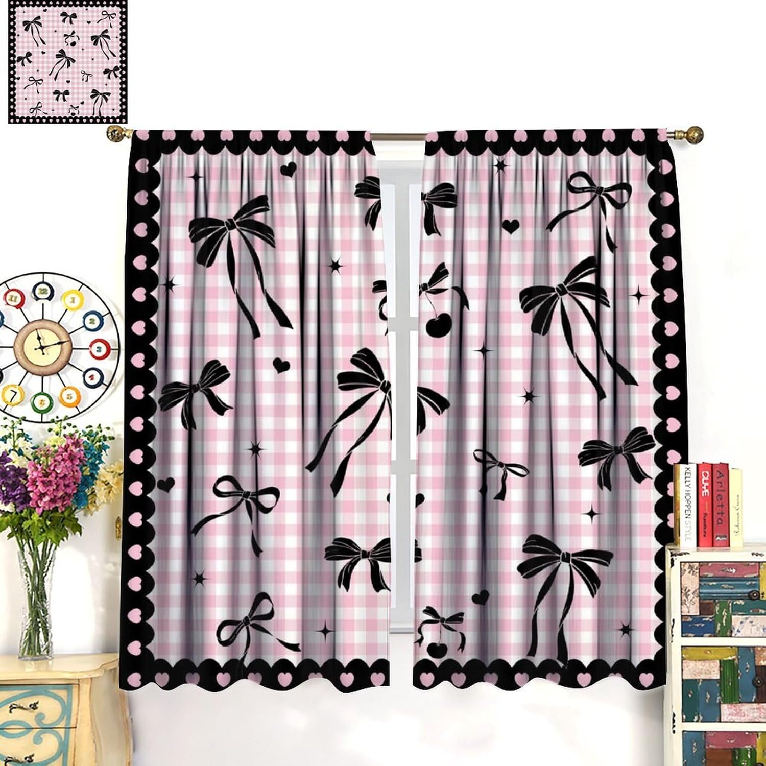 Bow Blackout Curtains Pink White Plaid Black Bow Modern Fashion Aesthetic Art Print Kids Girls Bedroom Living Room Rod Pocket Decoration Window Drapes 2 Panels W21xL54in