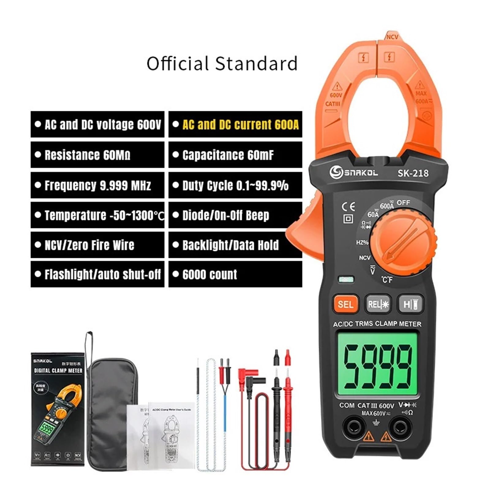 600A 5999Counts Pinza amperometrica digitale True RMS AC DC rilevamento NCV