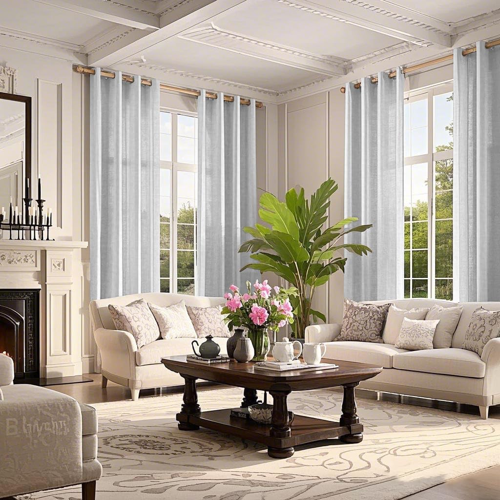 Boho Linen Curtains White Grey Farmhouse Semi Sheer Curtains for Living Room Bedroom Blackout Shades Drapes Home Decor 2 Panels Set 42x84 Inches