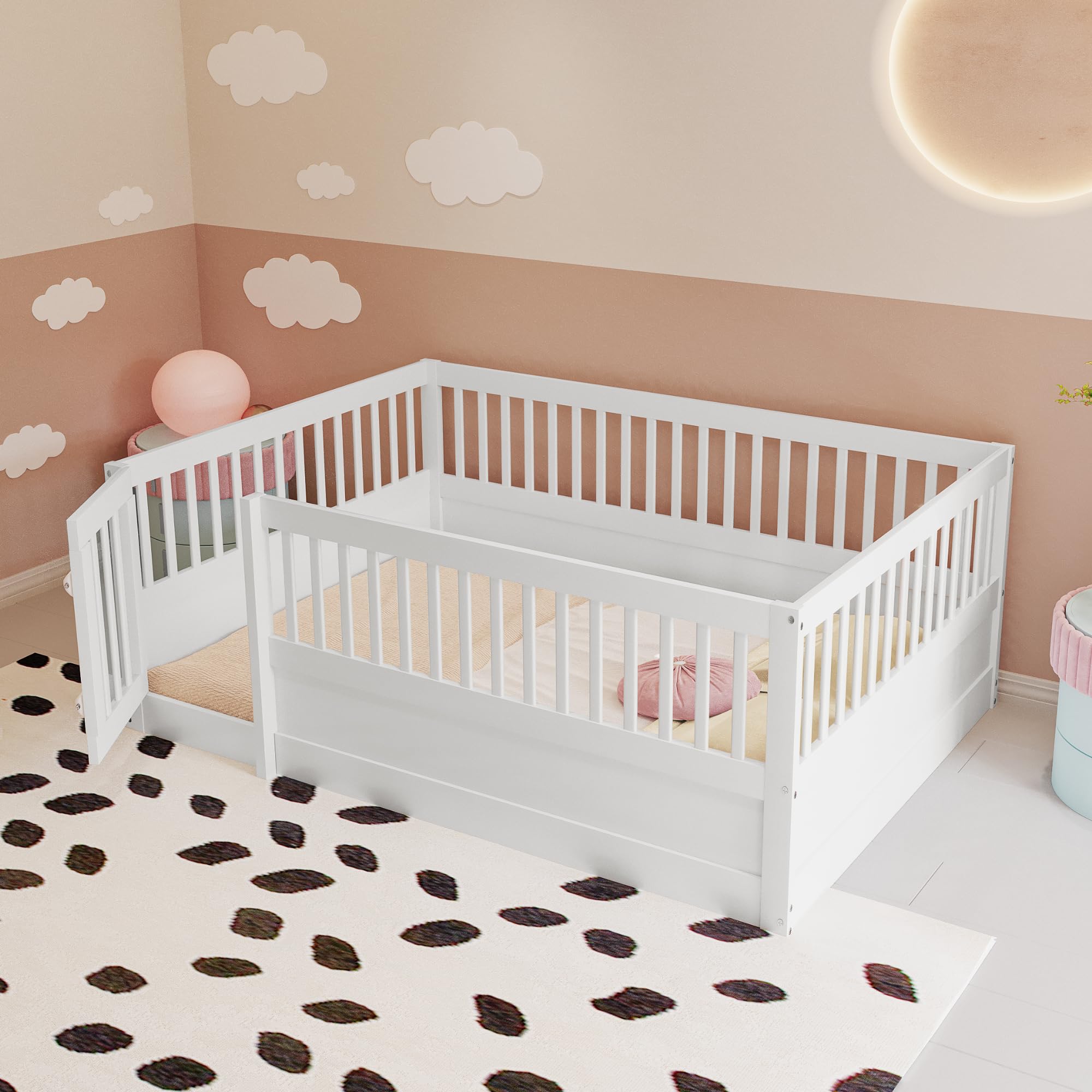 Kinderbett 140x200 cm, Montessori Bodenbett aus Holz mit Gitter und Tür, Kinder Bettgestell mit Rausfallschutz, Niedriges Holzbett für Kinderzimmer, Jungen Mädchen, Weiß