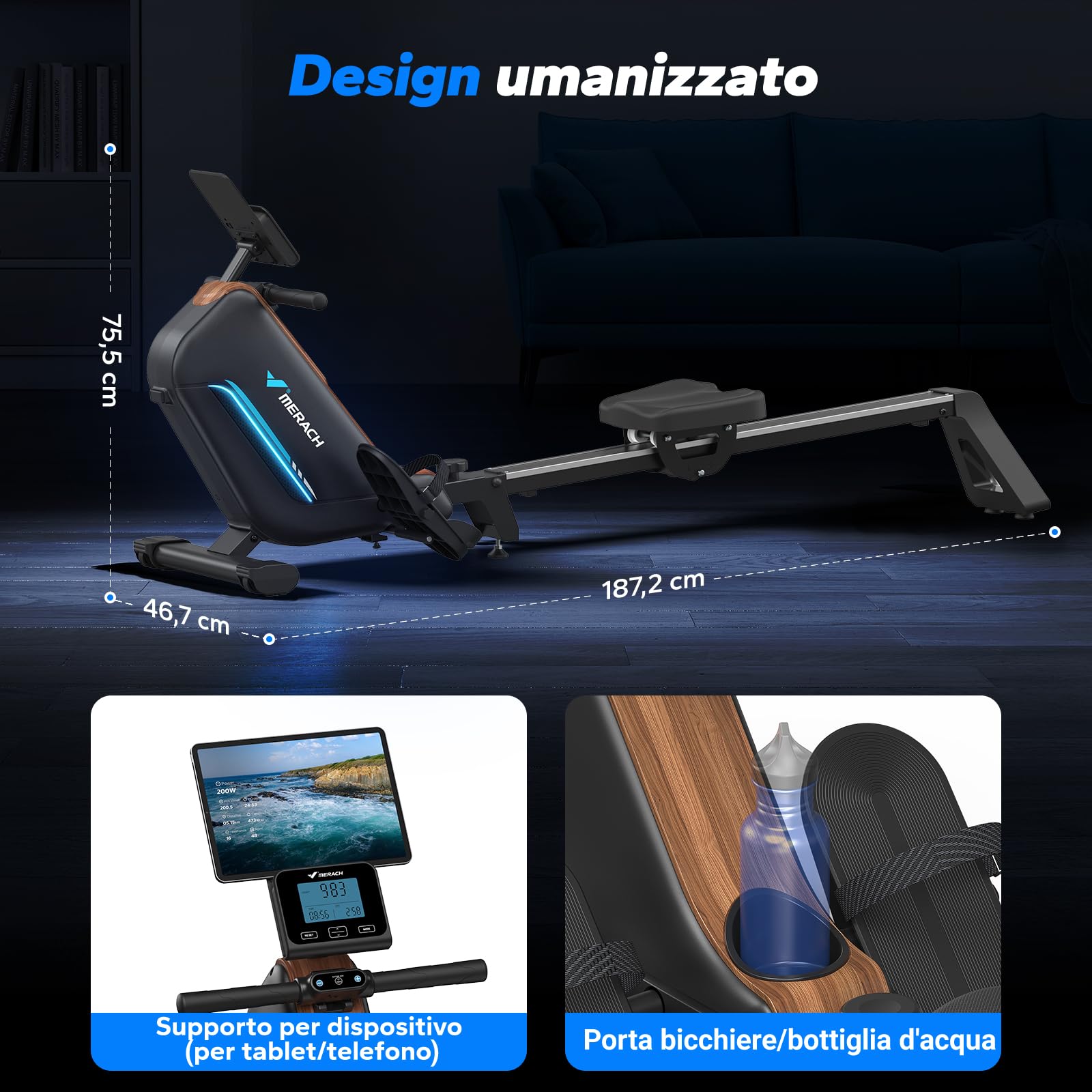 MERACH Vogatore pieghevole per casa con luce LED, regolazione intelligente resistenza 16 livelli, potente elettromagnete, guide 130 cm