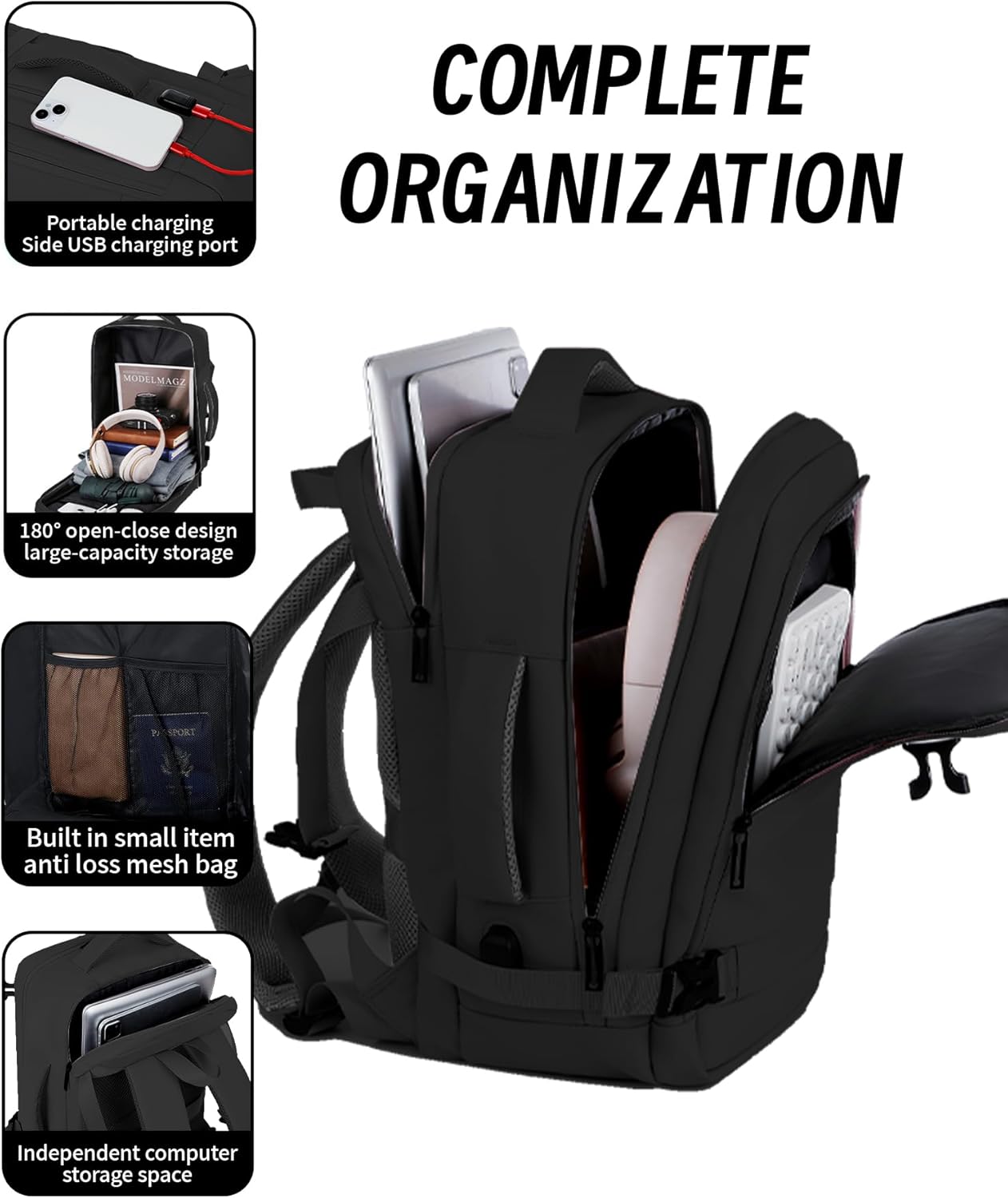 Travel Backpack with USB Port, Water-Resistant, Fits 15.6" Laptop, Airplane Carry-On Backpack for Unisex - Image 4