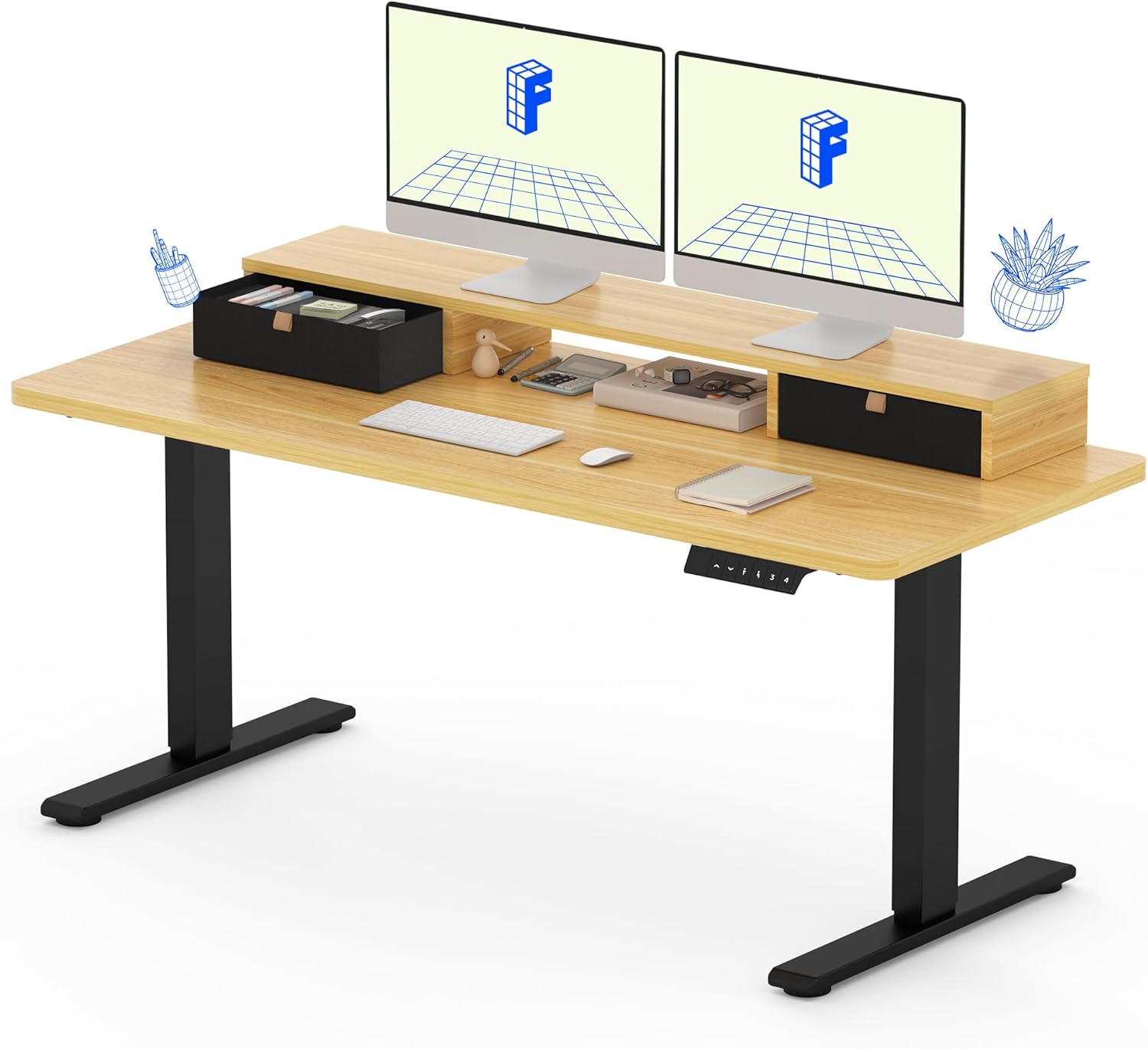 FLEXISPOT Electric Standing Desk with Drawer, Black Frame/Maple Top