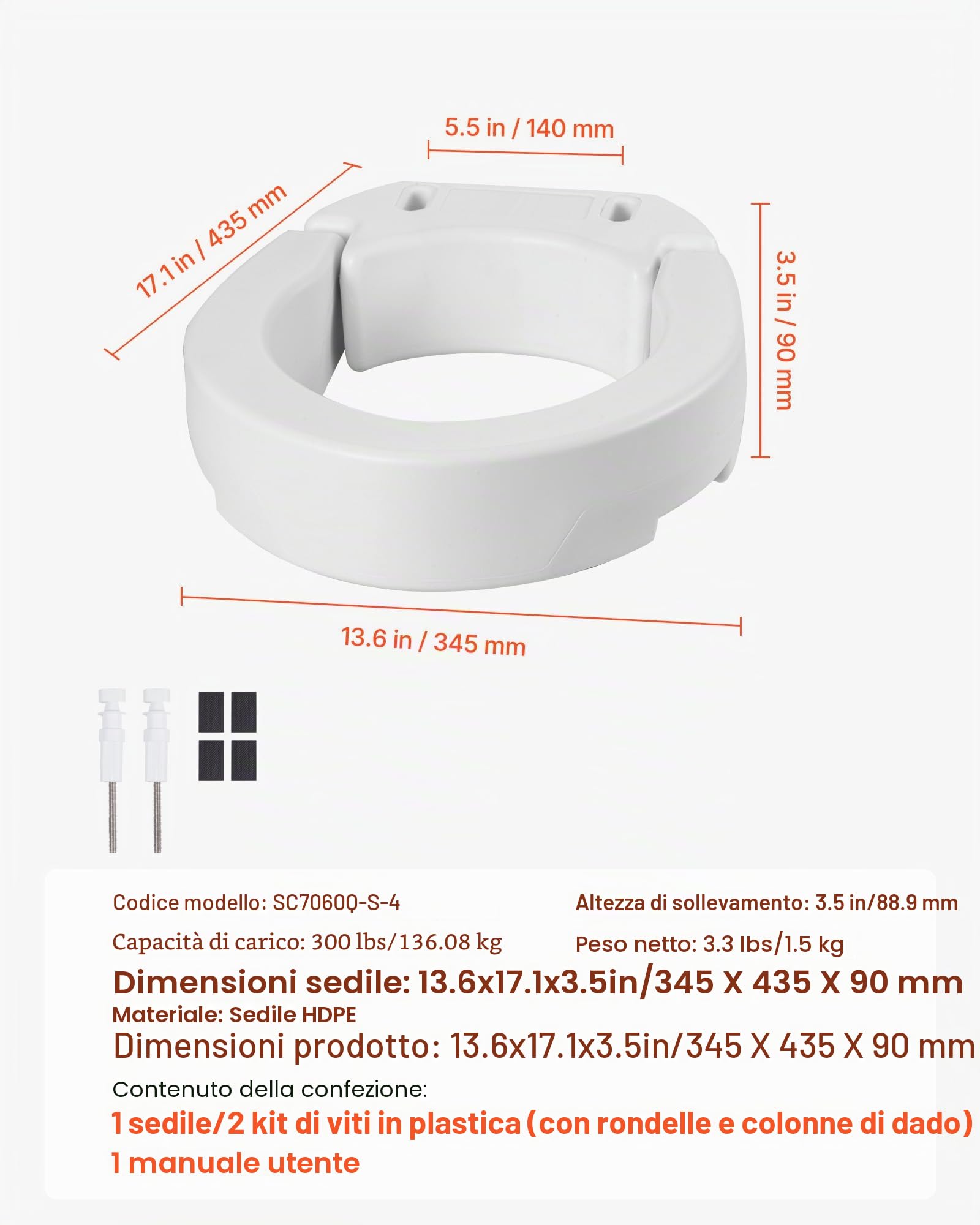 VEVOR Sedile WC Rialzato da Bagno con Capacità di Carico di 136 kg e Altezza di Sollevamento di 88,9 mm, Sedile WC Rialzato Universale in HDPE con Apertura Allargata per Anziani Disabili