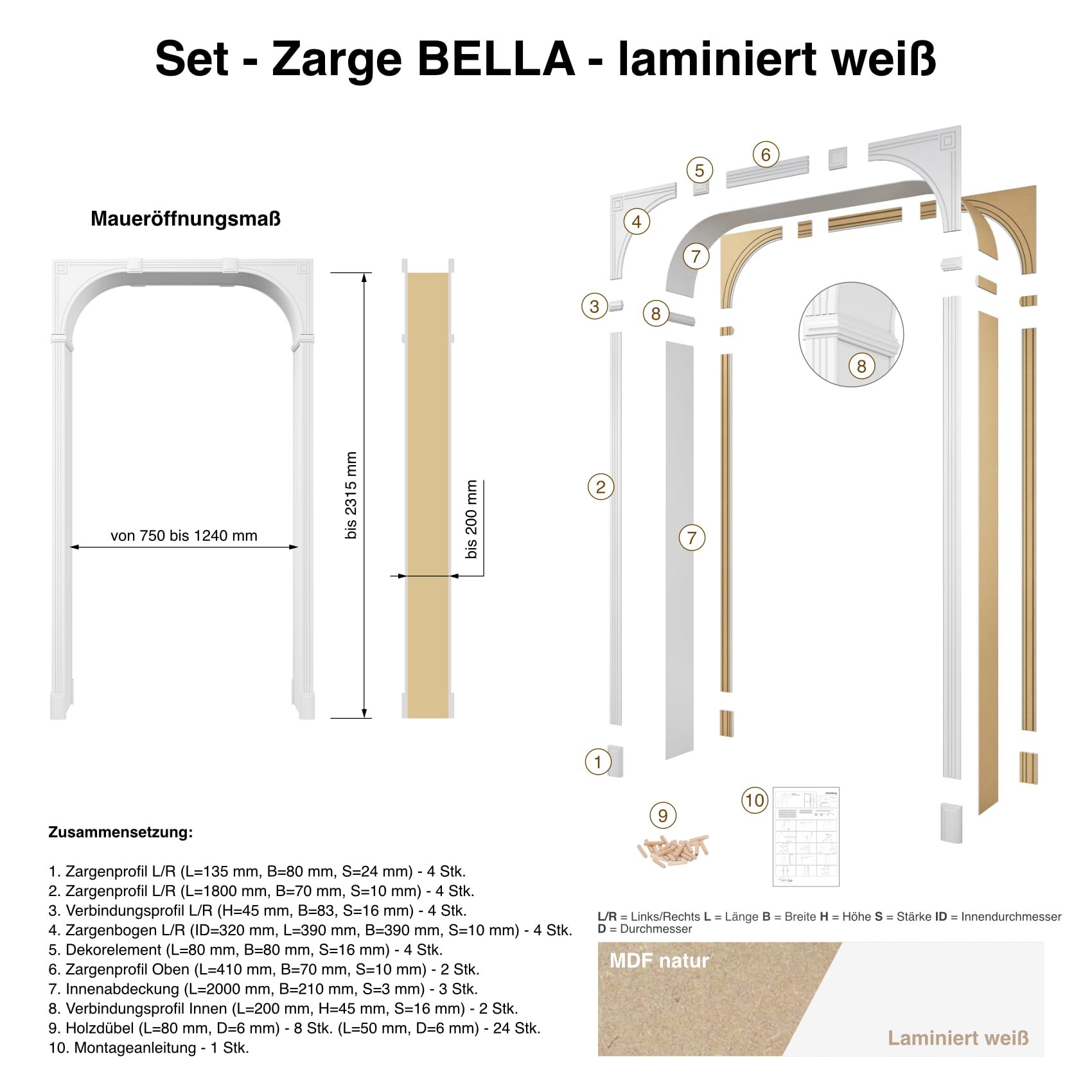 HEXIM Zarge weiß Türrahmen - Durchgangszarge Selbstmontage Türzarge Durchgangsfutter laminiert (Bella) - Rundbogen Dufu, Türumrandung, Komplettset