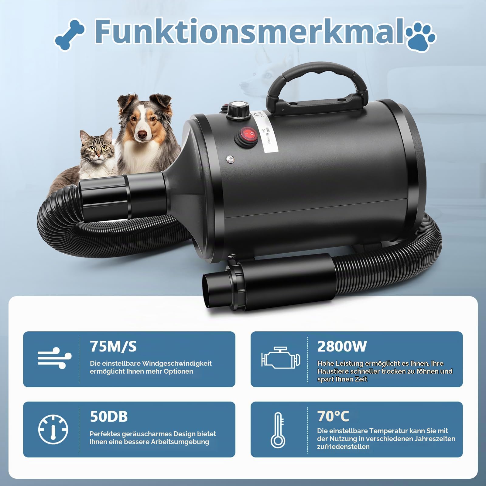 Hundefön Hundetrockner,2800W Hundehaartrockner, einstellbare Geschwindigkeit und Temperatur, geräuscharmer Hundetrockner Pet Grooming mit 4 Düsen für den privaten und professionellen Einsatz (Schwarz)