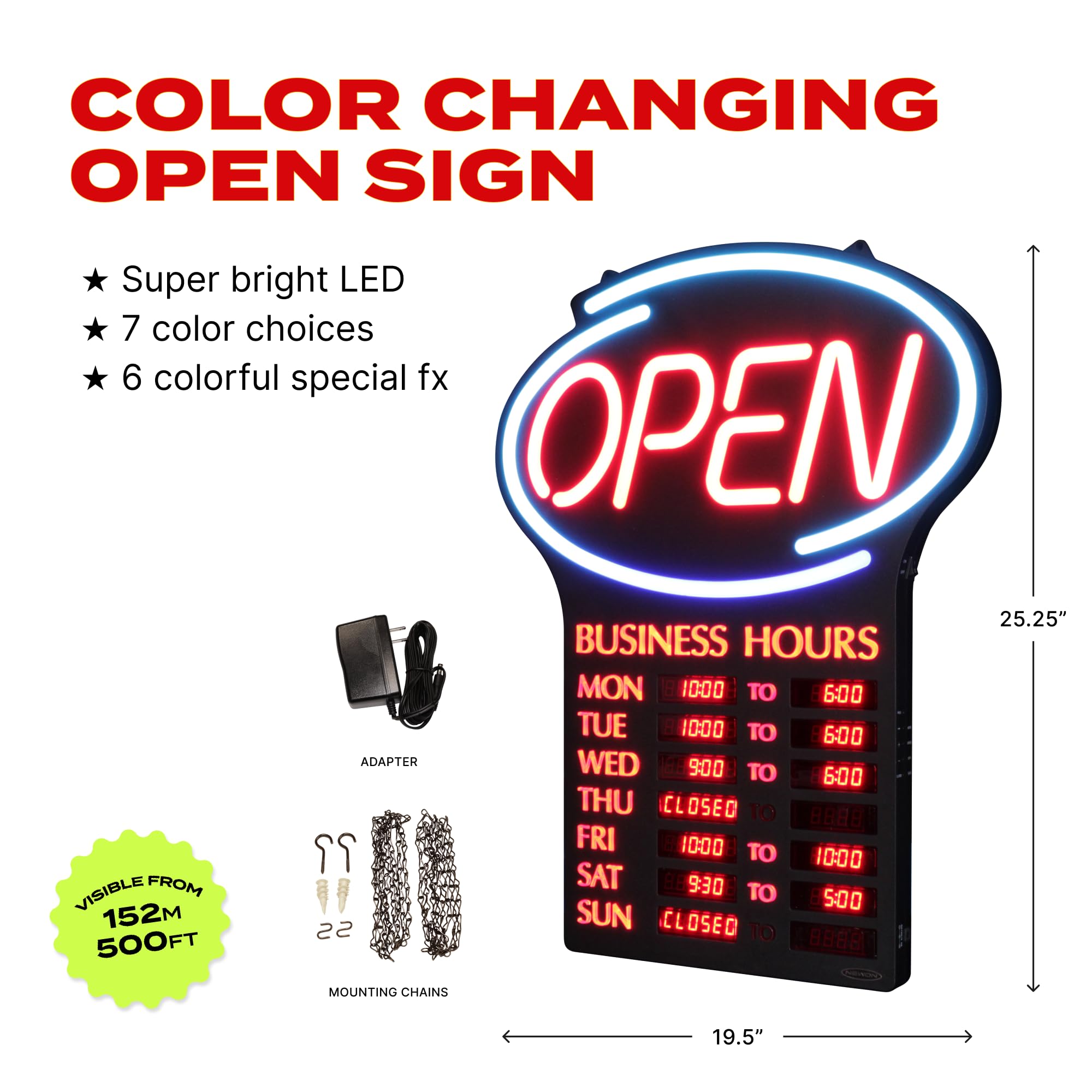 LED　open　Sign Store Hours Display LED Open Sign With Programmable Hours - 19x25