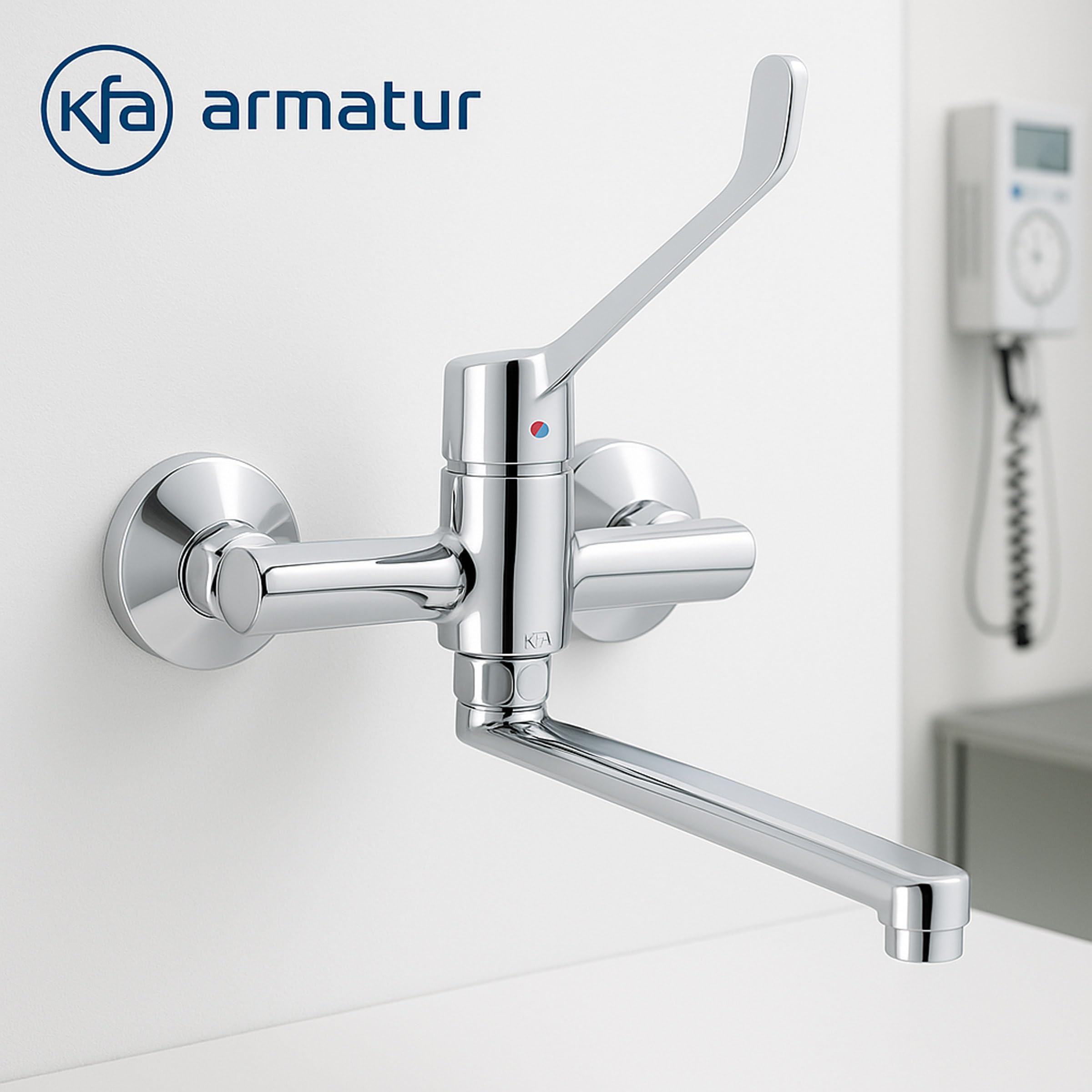 Medizinische Hygienearmatur Wandarmatur Küche, Wasserhahn mit Langem Hebel und Langem Auslauf 20cm / Schwenkbar und ideal für Klinik, Arztpraxis und Labor