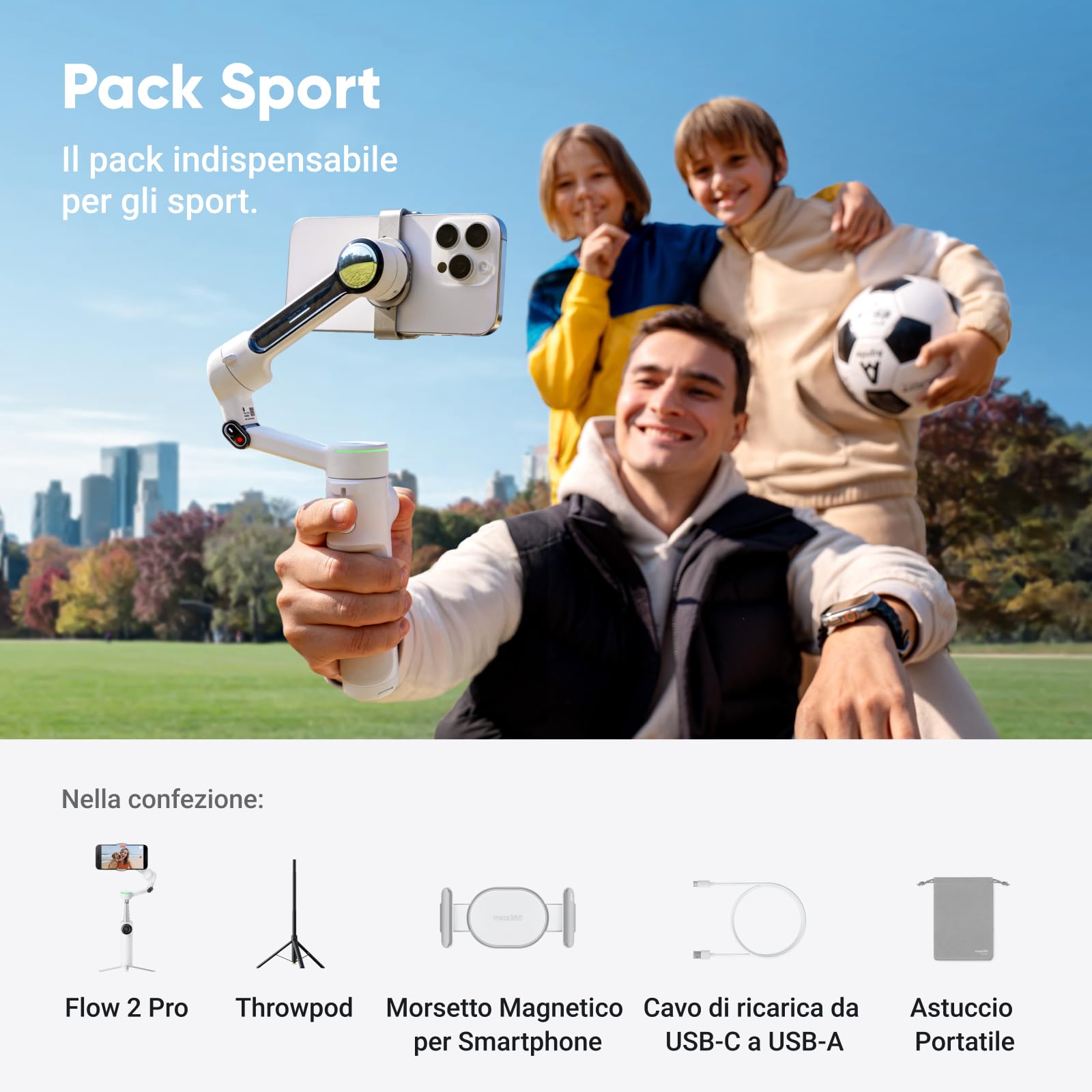 Insta360 Flow 2 Pro Pack Sport Bianco Artico - Gimbal IA, Stabilizzazione 3 Assi, Tracciamento +200 App con Apple DockKit, Throwpod, Tracciamento di Gruppo e Panoramico 360°, Treppiede e Selfie Stick
