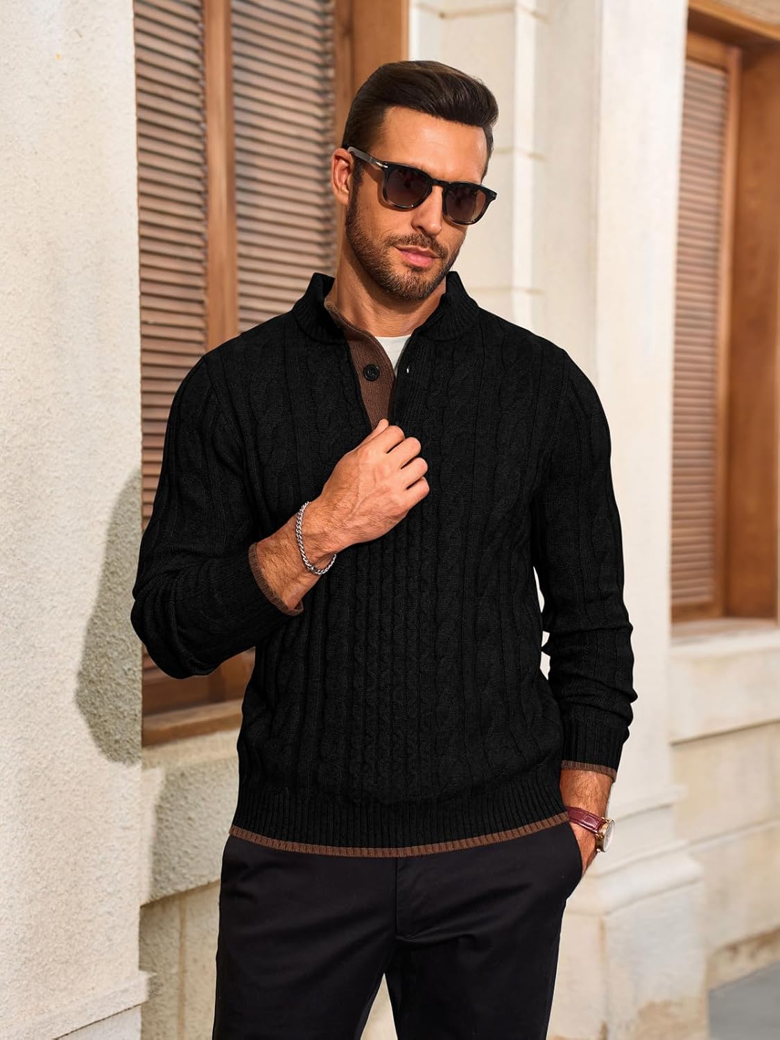 Yousify Mens Stand Collar Pullover Sweater Casual Cable Knitted Quarter Button Sweaters Winter Chunky Thermal Polo Sweaters - Image 2