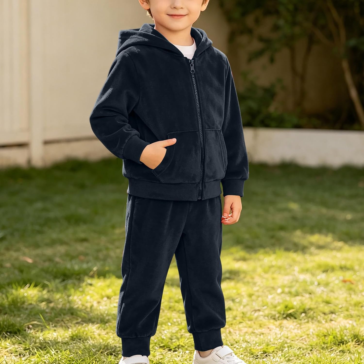Girls Warm Velvet Fleece Zip Hoodie Set Winter Tracksuit