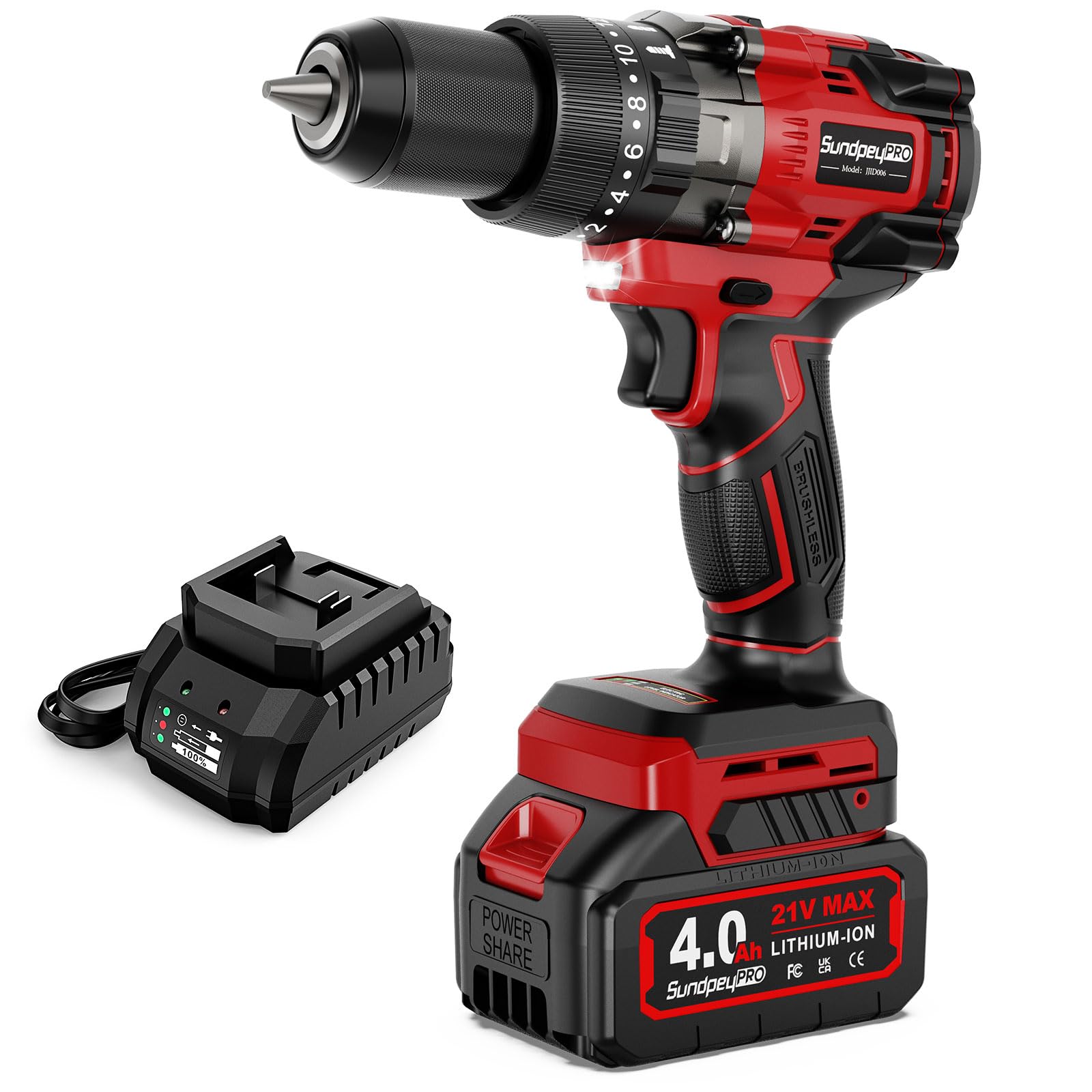 130Nm Taladro Percutor a Bateria - 21V Brushless Taladro Atornillador Batería 4,0Ah, 850W, 20+3 Ajustes de Par, Mandril Todo Metal de 13mm, 2 Velocidades, Luz LED Para Hogar, Bricolaje