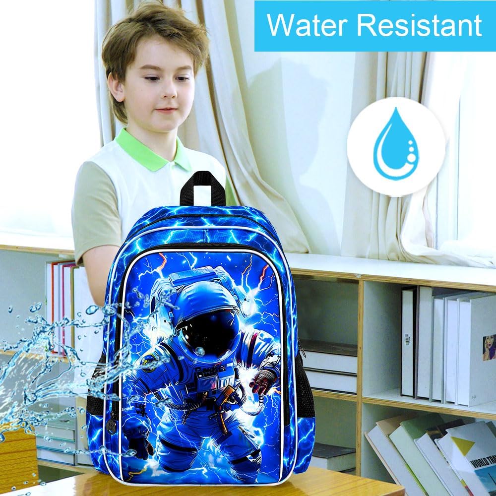 KLFVB 3PCS Lightning Bookbag for Boys, 17" Astronaut Backpack and Lunch Box, Water Resistant Teenagers School Backpacks for Middle Elementary - Lightning Space Adventure