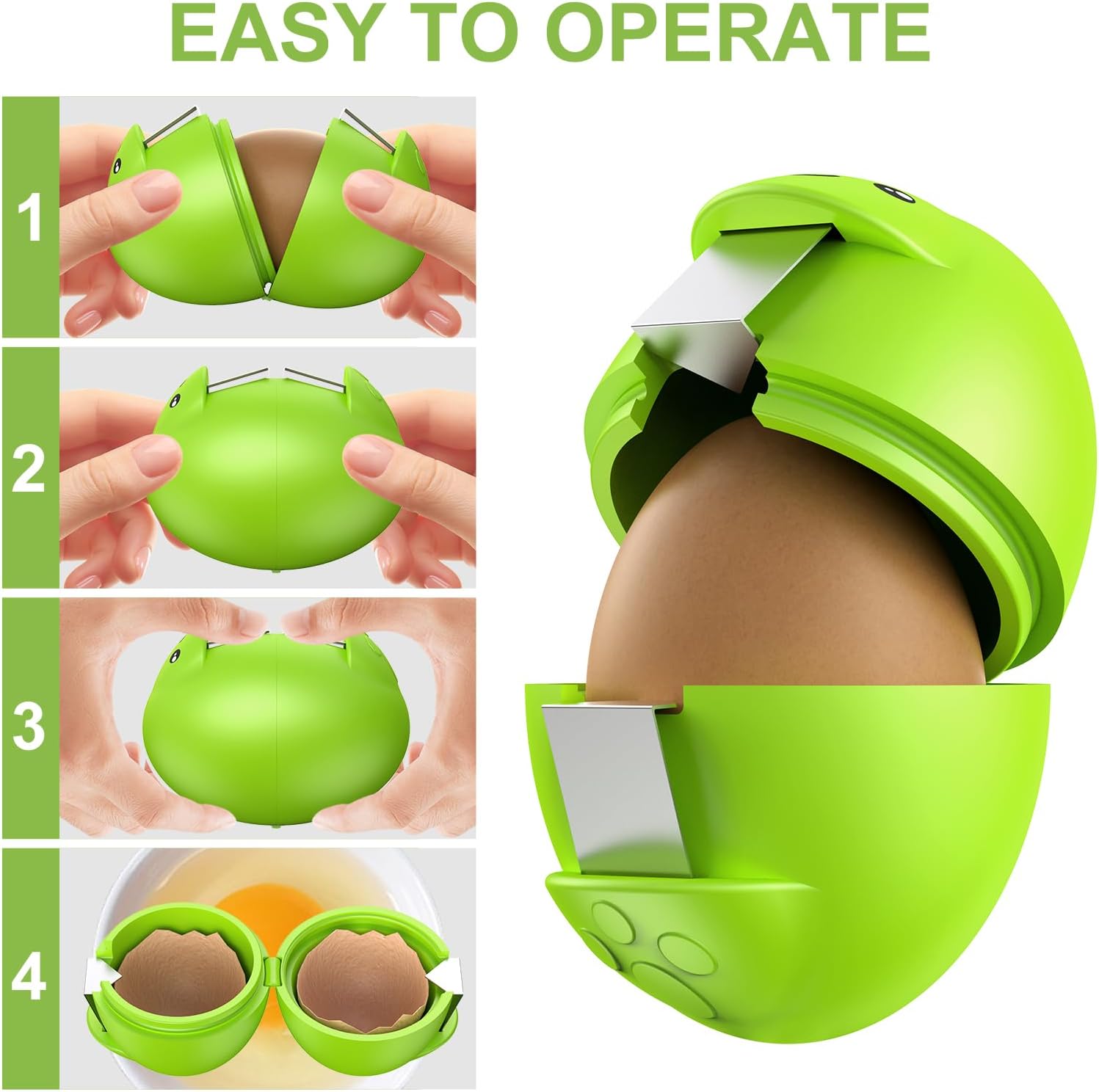 Egg Cracker, Silicone Egg Shell Opener, Cute Egg Shaped Design, Opens Eggs with Ease, A Little Happiness Boost for Your Kitchen. (Color: Green, 2-Pack)