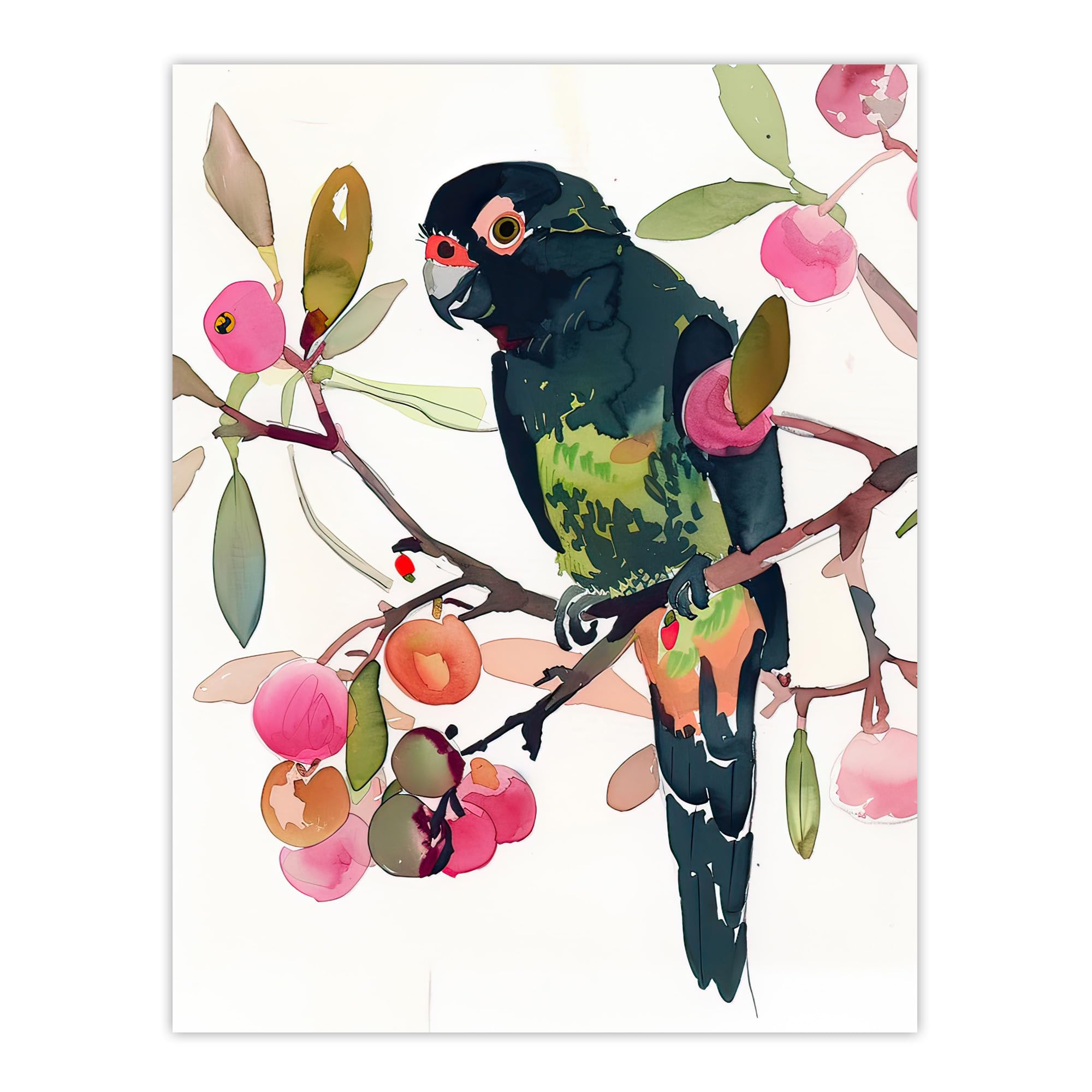 Artery8 Parrot Perched on Fruit Tree Branch Watercolour Living Room Extra Large XL Wall Art Poster Print