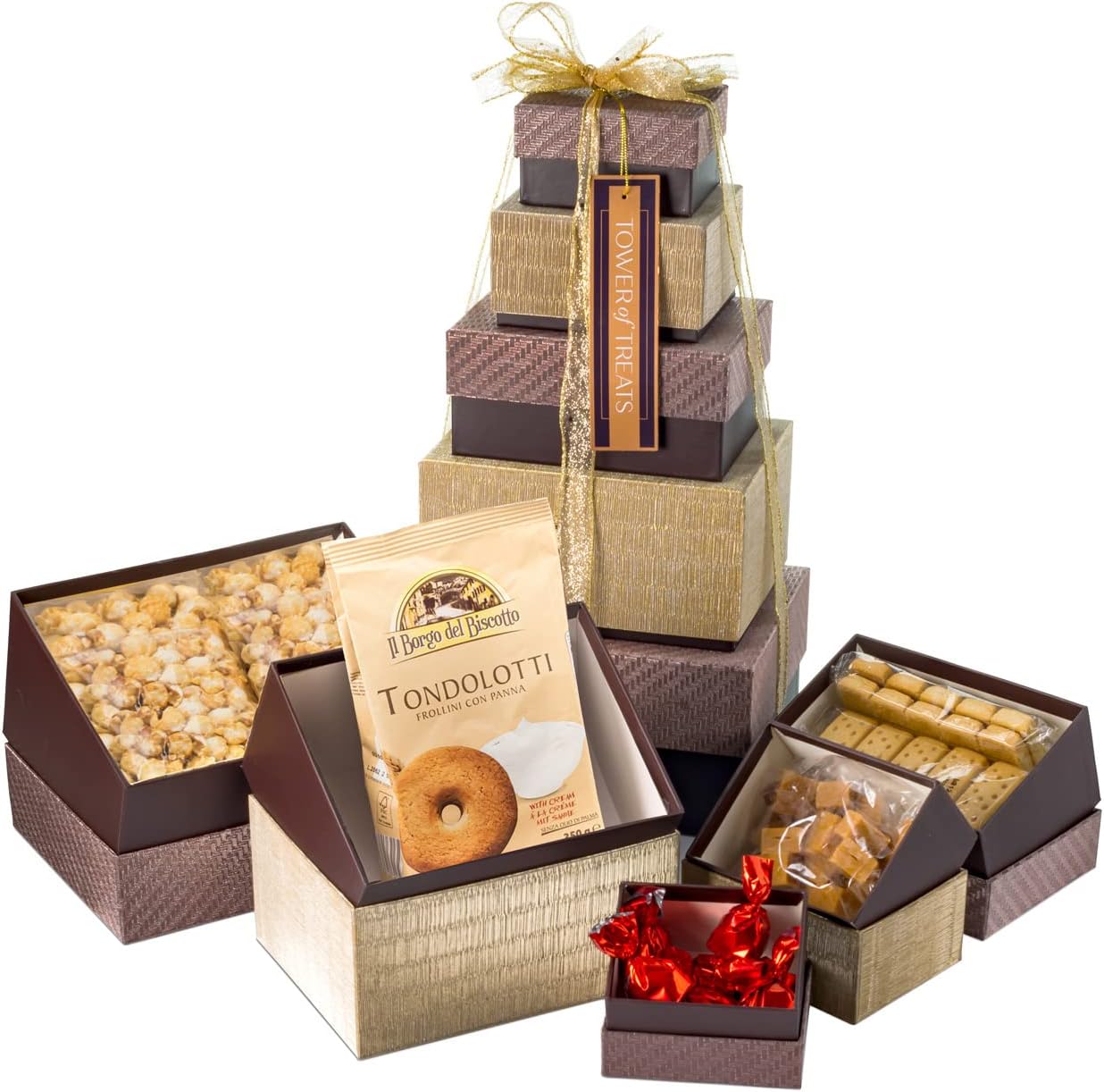 Tower of Treats - Hamper Gift Box Set with Premium Chocolate, Fudge, Biscuit & Popcorn Treats (Purple & Gold)