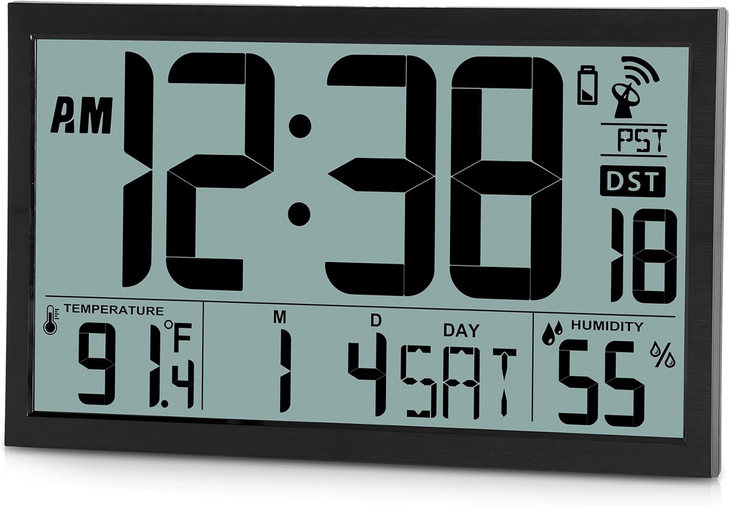 Amgico Digital Wall Clock,16.7" Large Display Atomic Clock, Battery Operated,Digital Calendar Auto Setting with Indoor Temperature, Humidity,Date,Day,Auto DST Desk Clock for Elderly Bedroom Classroom