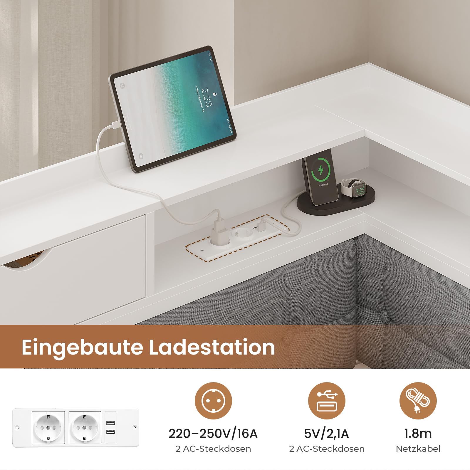 AOGLLATI Polsterbett Schlafsofa 140x200 mit 6 Staufächern Jugendbett 140x200 mit LED-Beleuchtung Tagesbett mit Steckdosen Gästebett Bettgestell mit Lattenrost aus Metall, Ohne Matratze (Weiß)