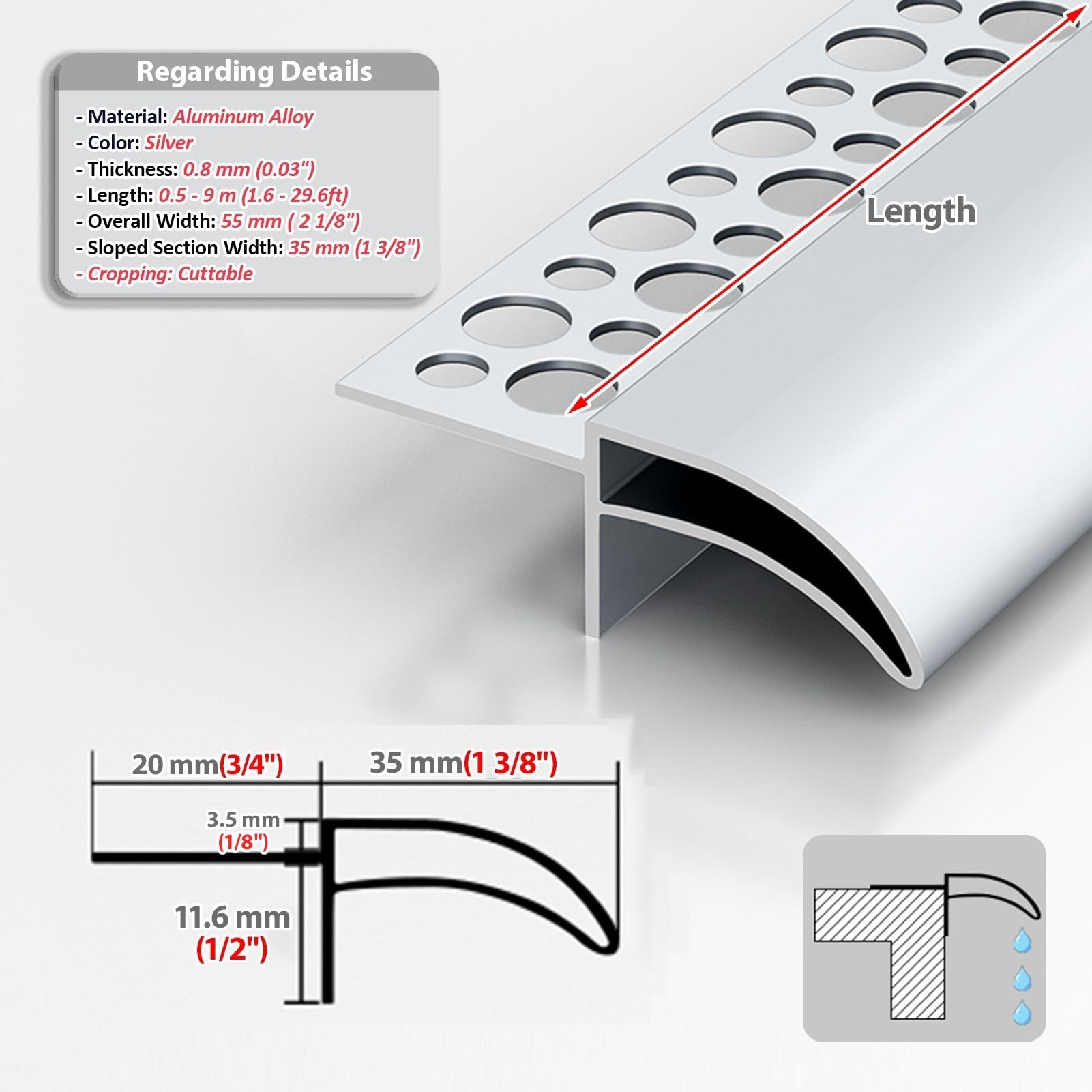 Perfil de Transición para Suelo Borde de Goteo para Aleros Que Previene el Reflujo. Protectores de Lluvia para Ventanas de Varios Tamaños. Borde de Goteo para Aleros de Balcones(4.2m/13.8ft)