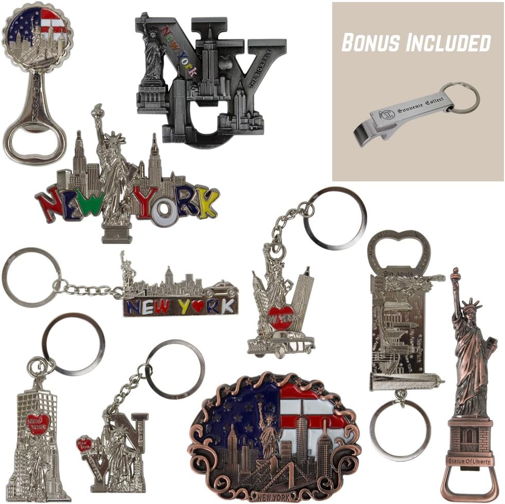New York NYC Bundle Souvenir Metal Keychain and Metal Fridge Magnets 10 Pack, 5 Keychains 5 Magnates - Statue of Liberty, USA Flag, Freedom Tower, Empire State Building, and More. - Bonus Included