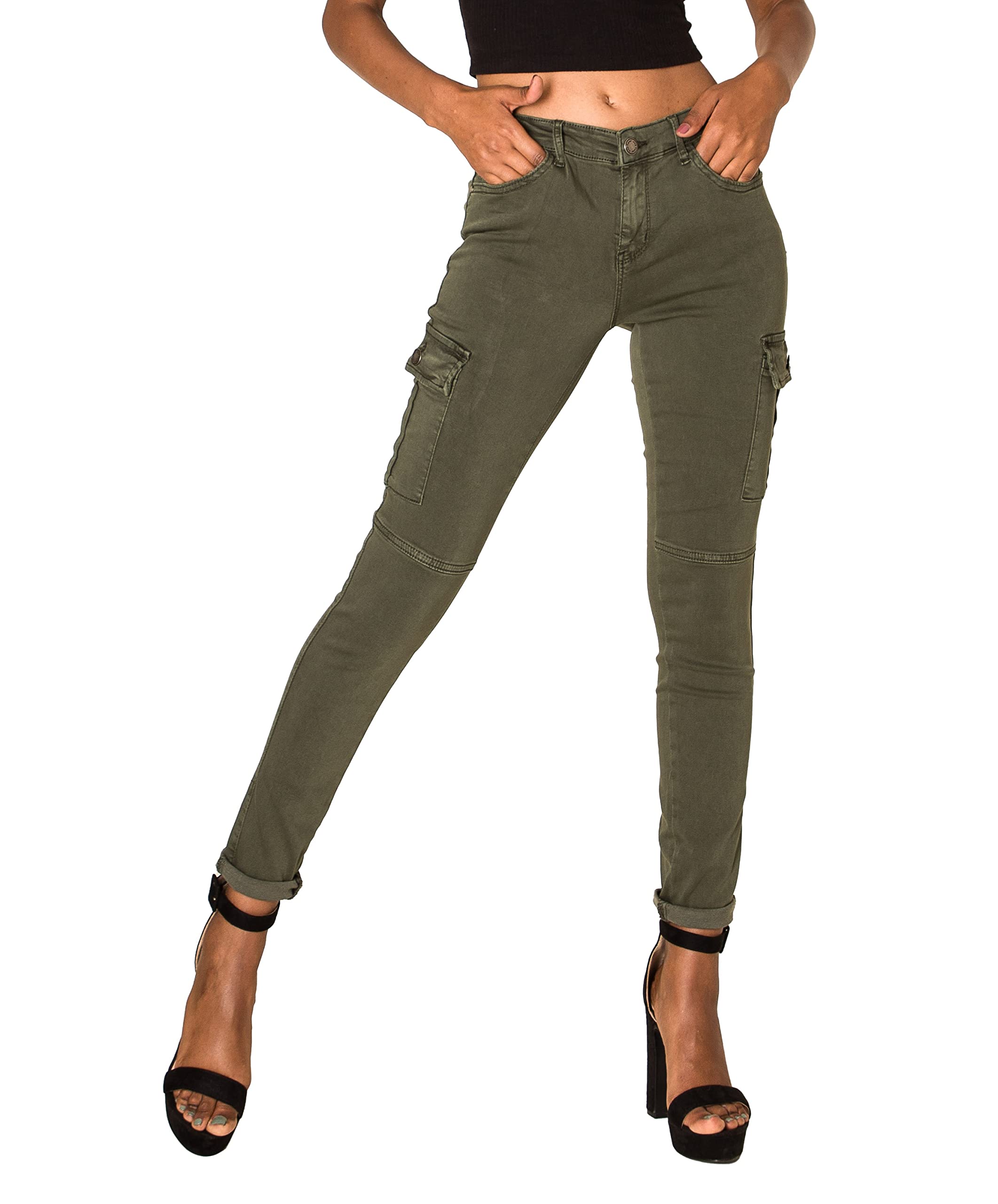 Nina Carter S353 - Pantaloni cargo da donna, skinny fit, jeans cargo, jeans elasticizzati, look usato
