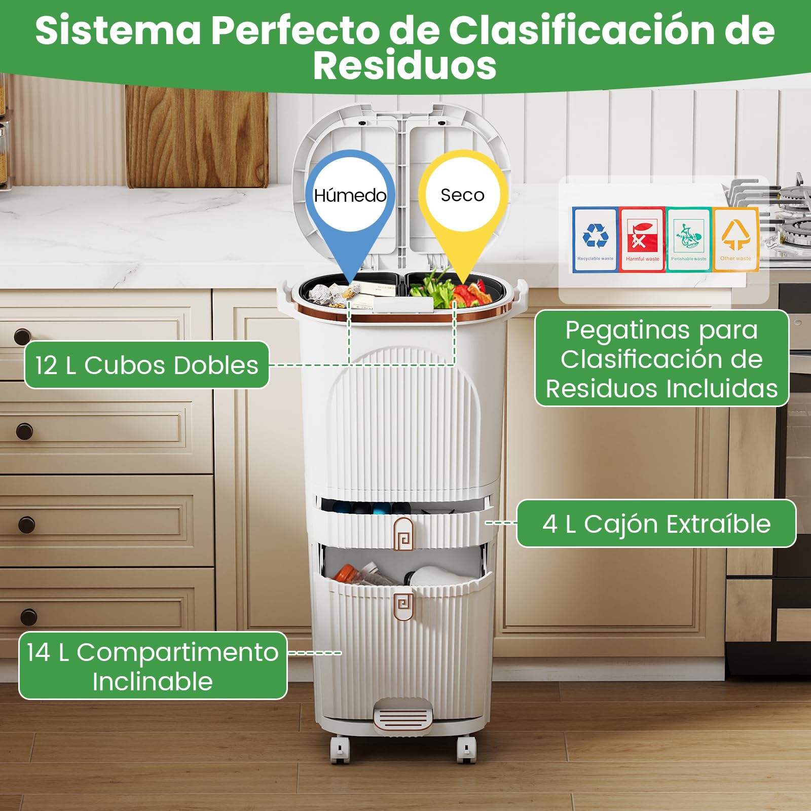 GIANTEX Cubo de Basura de Cocina 42 L, Papelera de Reciclaje Vertical con Ruedas, 3 Cubos Extraíbles, 1 Cajón y Ganchos, Contenedor de PP con Tapas y Pedal, para Oficina, Baño (Blanco)