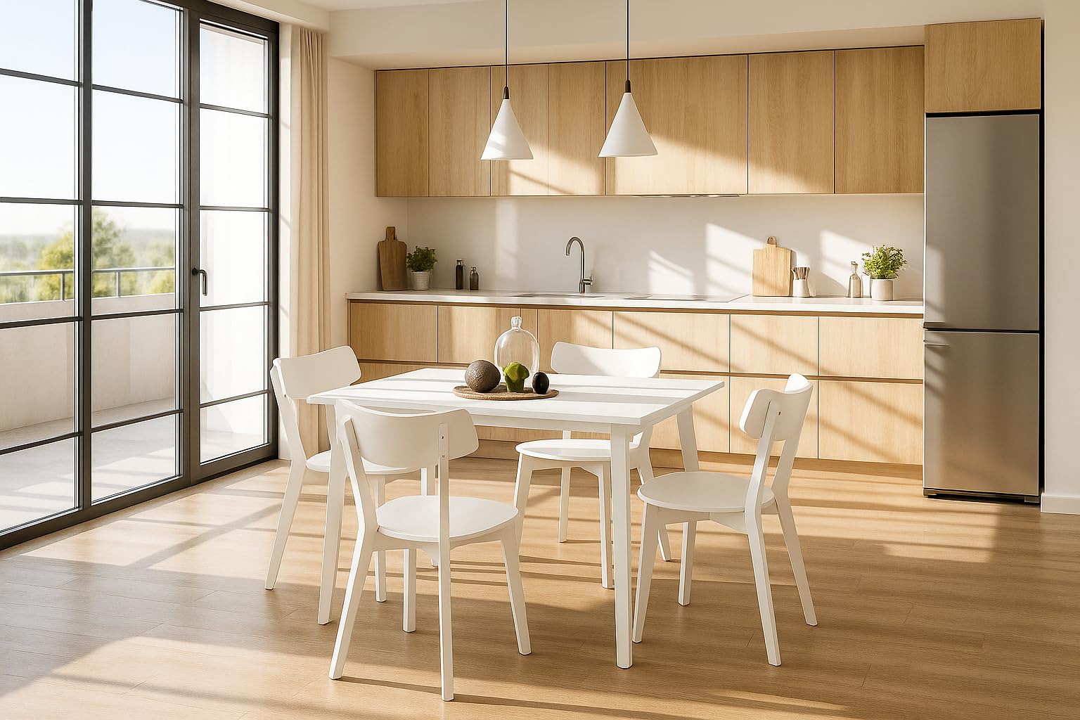 Homely® | Conjunto de Comedor Cody con Mesa Rectangular 120x70 cm. y 4 Sillas, | Madera lacada Blanco | Estilo Nórdico-Escandinavo | Madera Maciza y MDF | Pack de Mesa y sillas Informal y económico