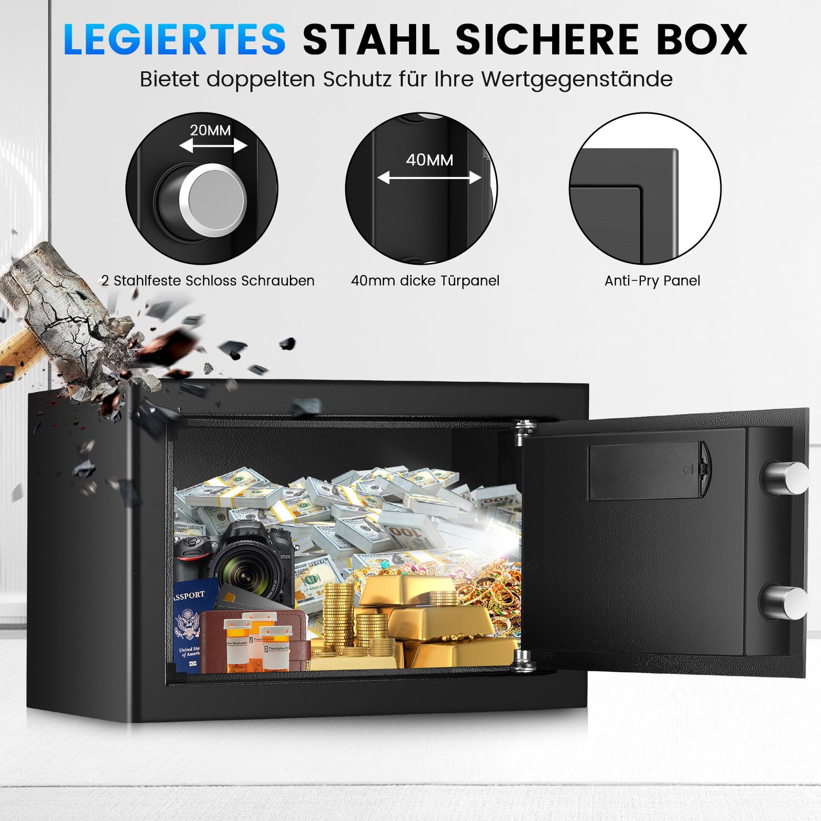 Cassaforte da 15 l, per casa, cassaforte ignifuga con chiave di ricambio, ripiano rimovibile e sistema di allarme, piccola cassaforte digitale con serratura a combinazione per contanti, documenti
