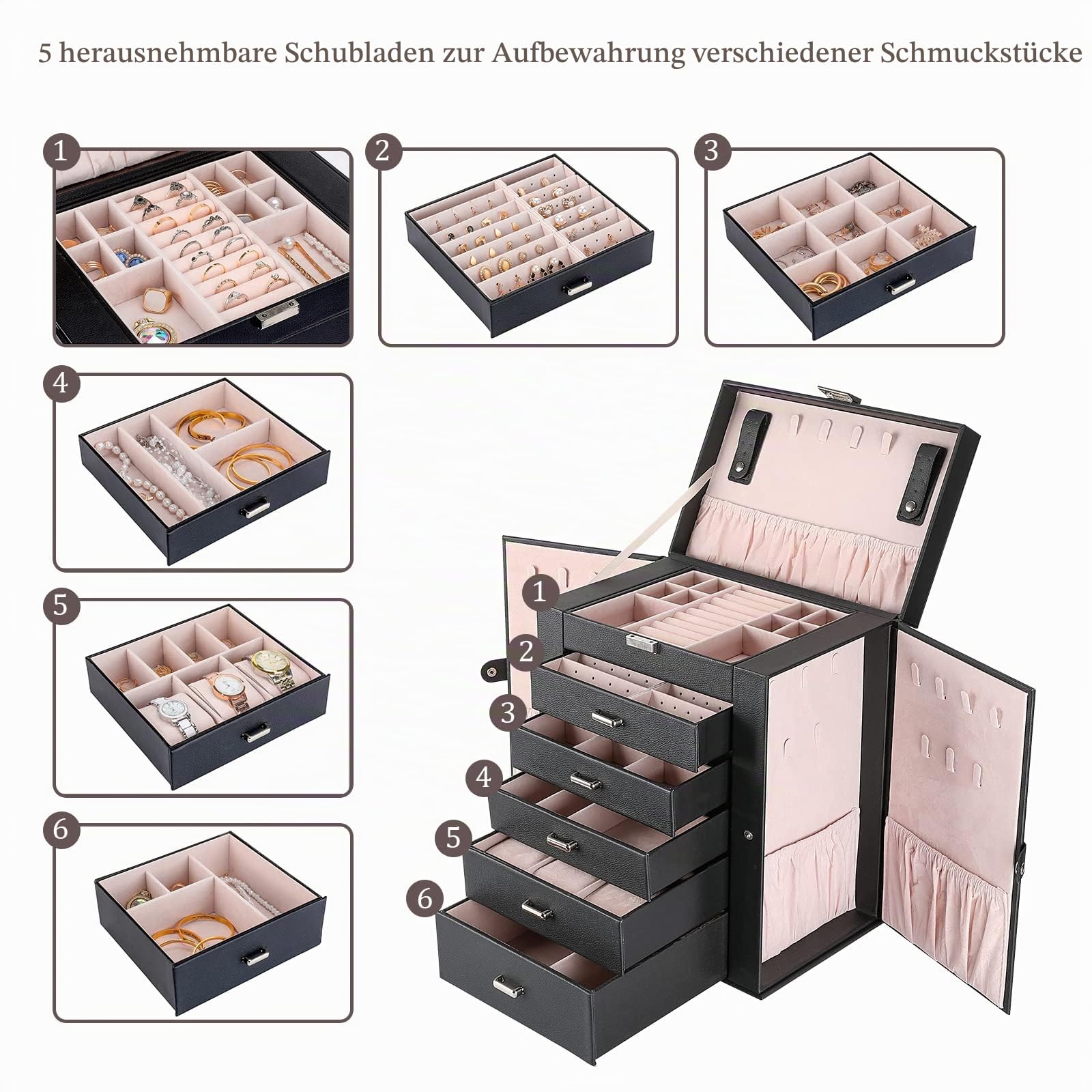 ProCase Große Schmuckkästchen, 6 Schichten Schmuckbox Schmuckkasten Schmuckschatulle, Schmuck Aufbewahrung Box mit Ohrringhalter Schubladen und Uhrenkissen, Jewelry Organizer Box -Schwarz