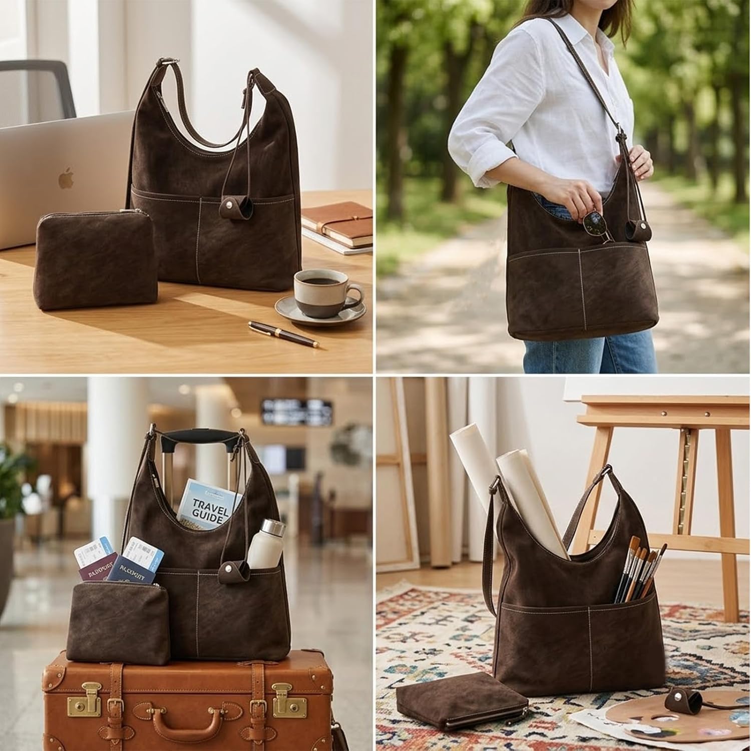 2 Piece Brown Suede Purse - Suede Hobo Bag, Adjustable Shoulder Bag - Brown Faux Suede