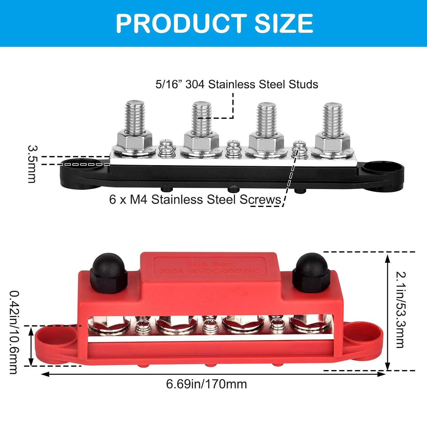 Bus Bar 12V 250A Power Distribution Block, 4 x 5/16" (M8) Stainless Steel Terminal Studs Busbar for Battery, Solar, RV, Boat, Automotive - Positive & Negative (Pair, Red & Black)