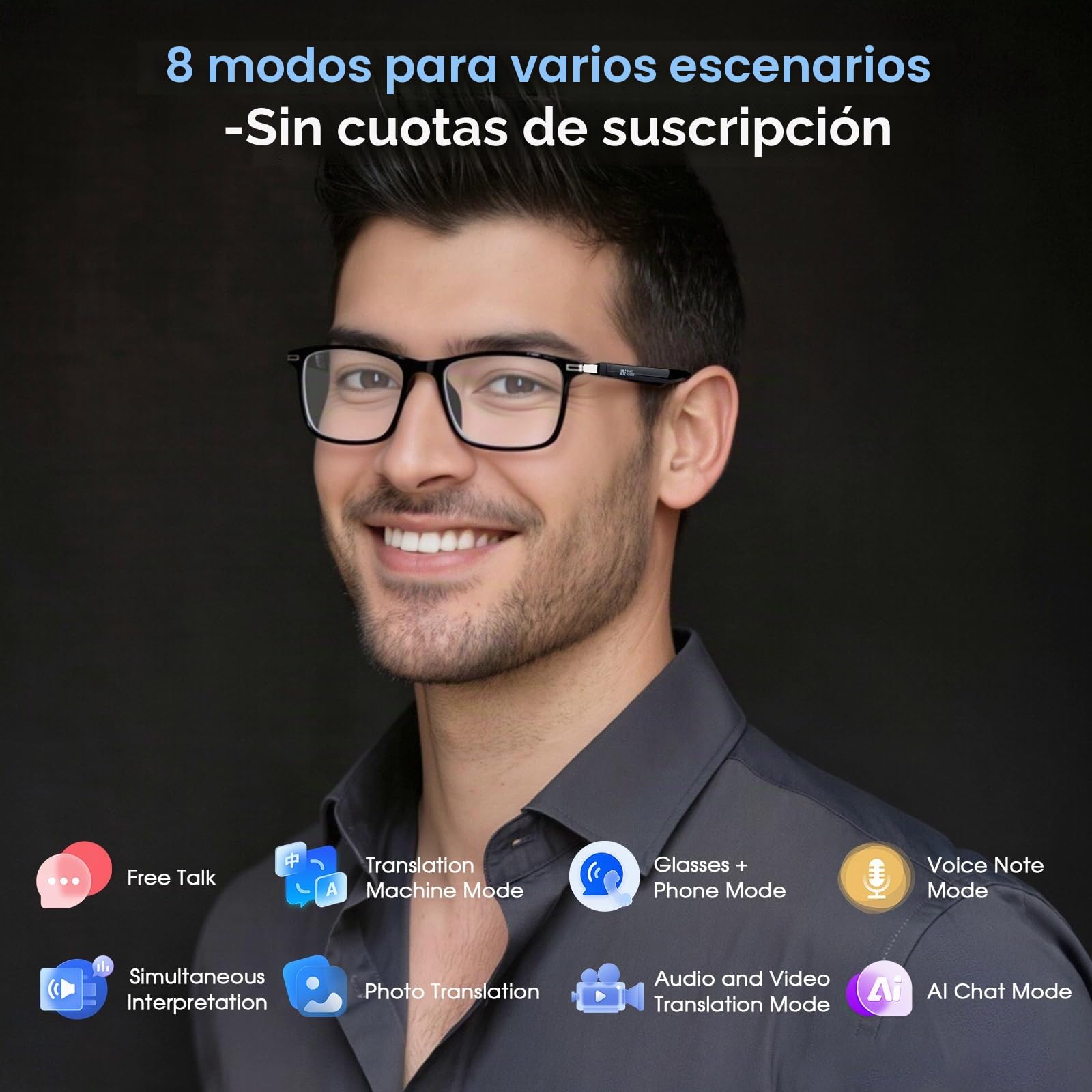 Gafas AI 160+ Idiomas, Lentes de Cambio de Color, Altavoz Integrado, Audio Claro - Bluetooth para Viajes, reuniones y Uso empresarial
