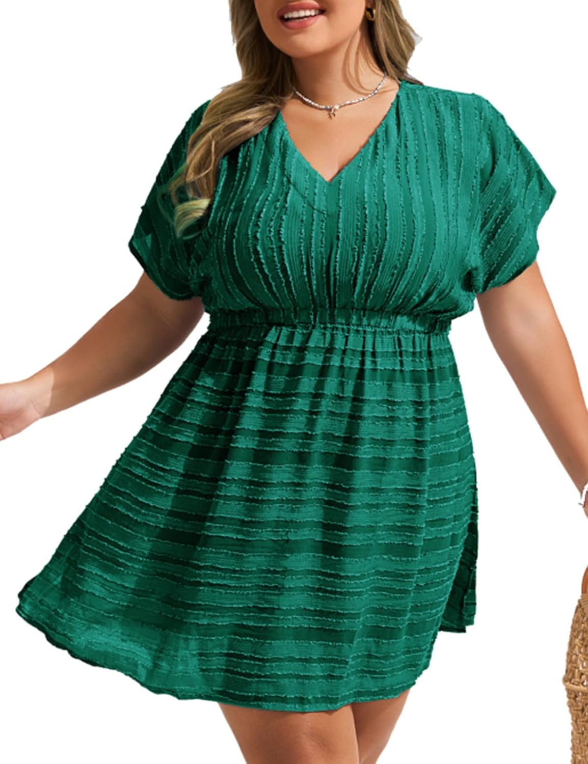 Hanna Nikole Plus Size Swimsuit Coverup, Textured Striped Elastic Waisted Coverups, V Neck Side Split Beach Cover Up