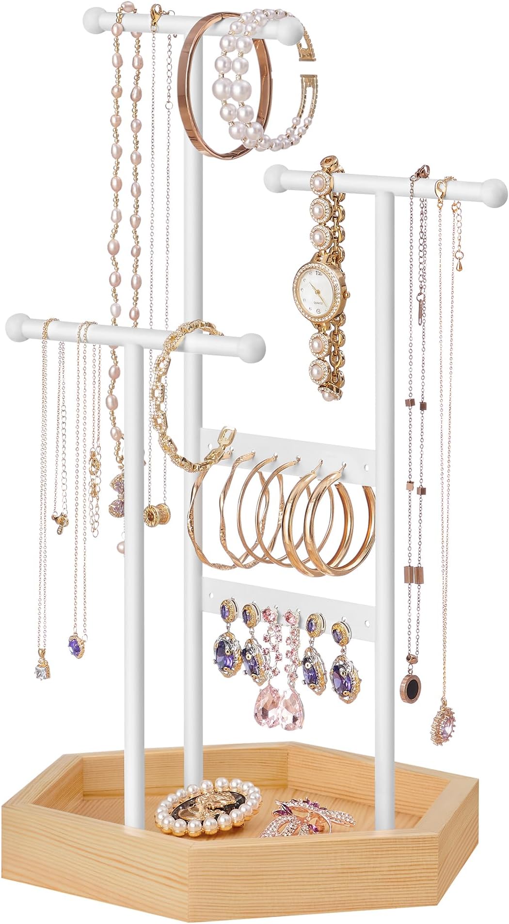 Jewelry Holder, Jewelry Organizer, 3 Tiers and 1 Tray, Jewelry Display Stand with Metal Frame, Necklace Earring Bracelet Holder, for Rings, Matte White and Natural Beige UJJS03NW
