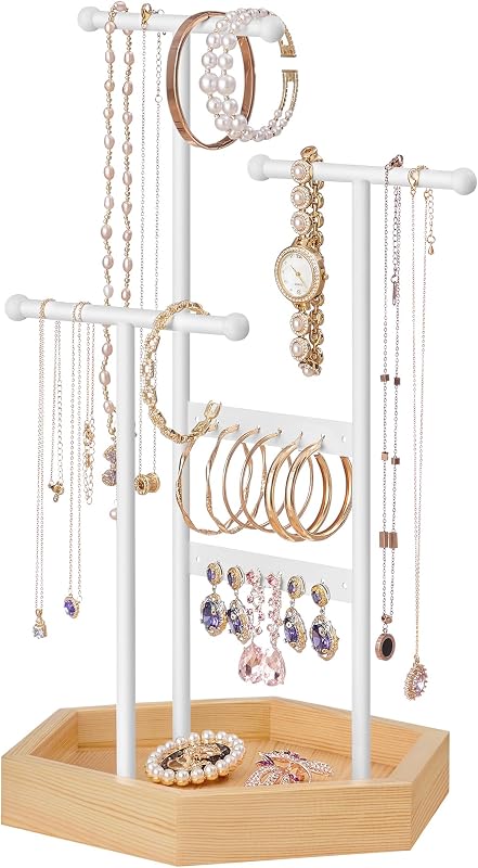 SONGMICS Soporte para Joyas, Organizador de Joyas, 3 Niveles y 1 Bandeja, Soporte para Exhibición de Joyas con Marco de Metal, Soporte para Collar, Aretes, Pulseras, para Anillos, Blanco Mate y Beige Natural UJJS03NW | Soporte de exhibición organizador, soporte para collar, pendientes y pulsera, blanco mate y tostado, colección CAELEY UJJS03NW