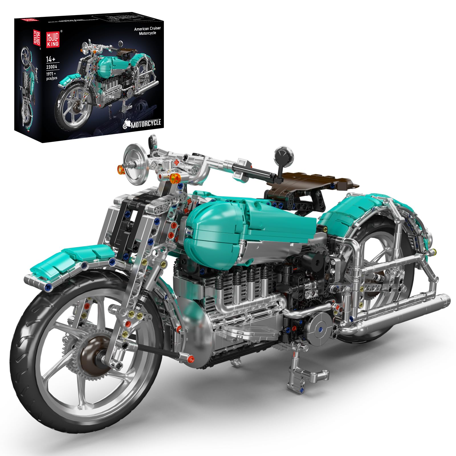 Mould King 23004 Technik Amerikanisches Cruiser-Motorrad-Modell,Amerikanisches Retro-Motorrad bewegliche mechanische Details,Erwachsenen-Bastel-Hochpräzisionsmodell Klemmbausteine Bausatz（1971+ Teile）
