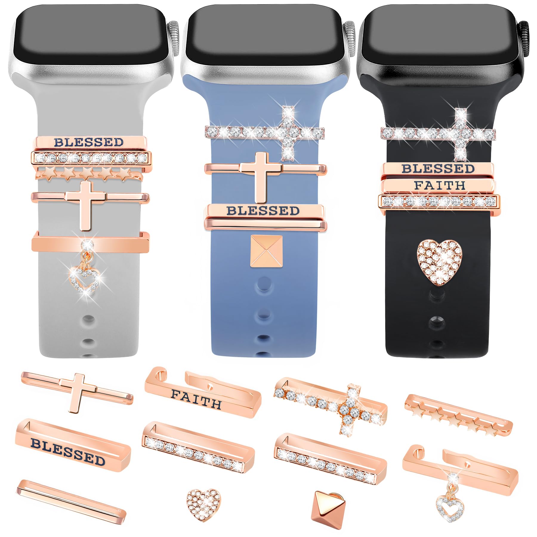JR.DM 11-Pcs Super Bling Watch Charms with 9-Pcs Decorative Rings Loops 2-Pcs Decoration, Compatible with Apple Watch Band Metal Diamond Sliding Accessories for iWatch Series 11 10 9 8 7 6 5 4 3 2 1