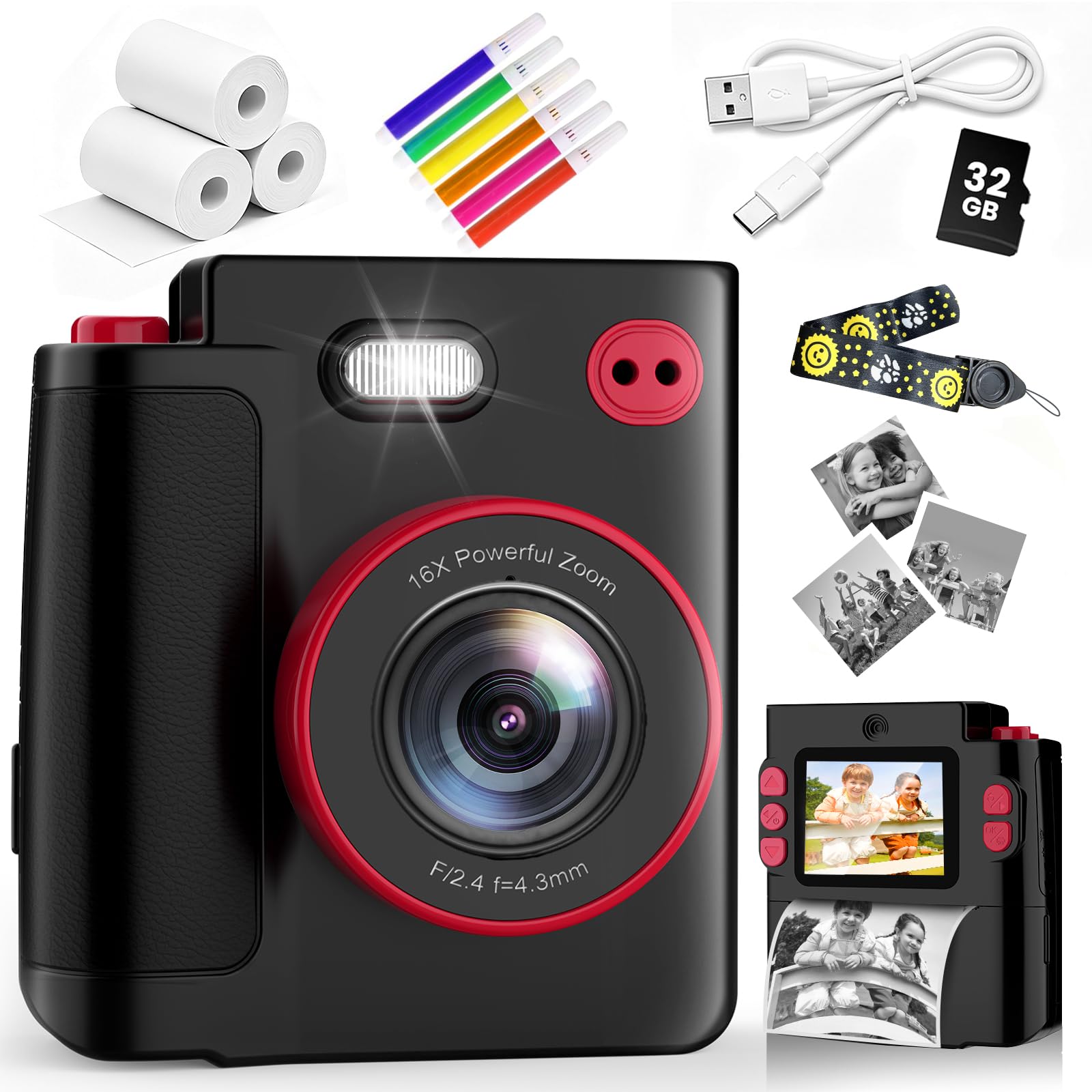 Kids Instant Print Camera with 32GB Memory Card, Black, 2.0 Inch LCD Screen, Dual Camera, 1080P Video, 16X Digital Zoom, Type-C, 3 Rolls Print Paper and Colour Pens, Gift for Kids