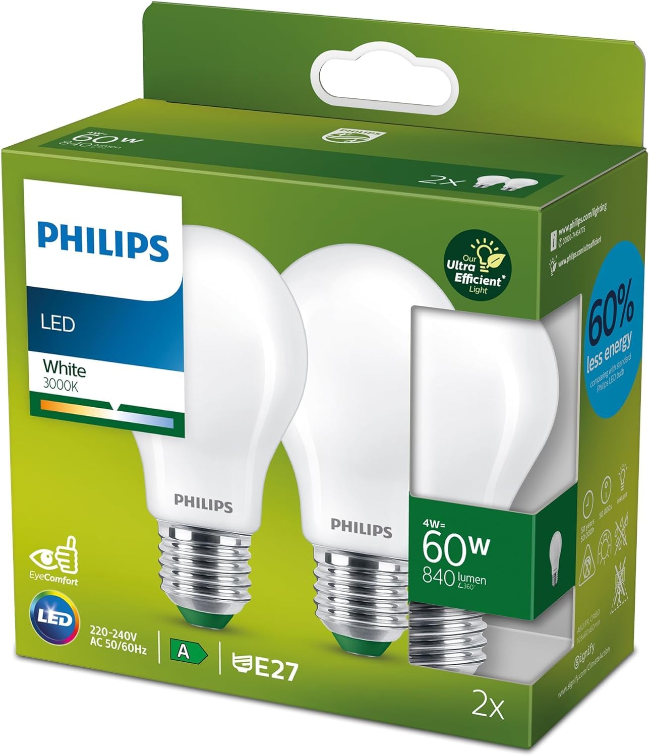 Philips LED Ultra Efficient Light Bulb 2 Pack A Label Energy Rating [White 3000K - E27 Edison Screw] 60W A60 Frosted. for Home Lighting.