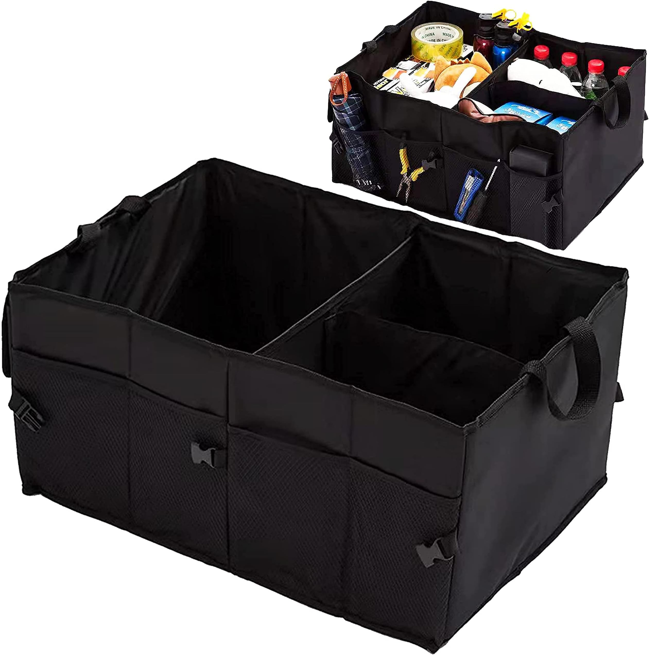 Car Boot Organiser Tidy Trunk Organizer, Foldable Non Slip Bottom, Securing Straps Vehicle Storage Box (Black)